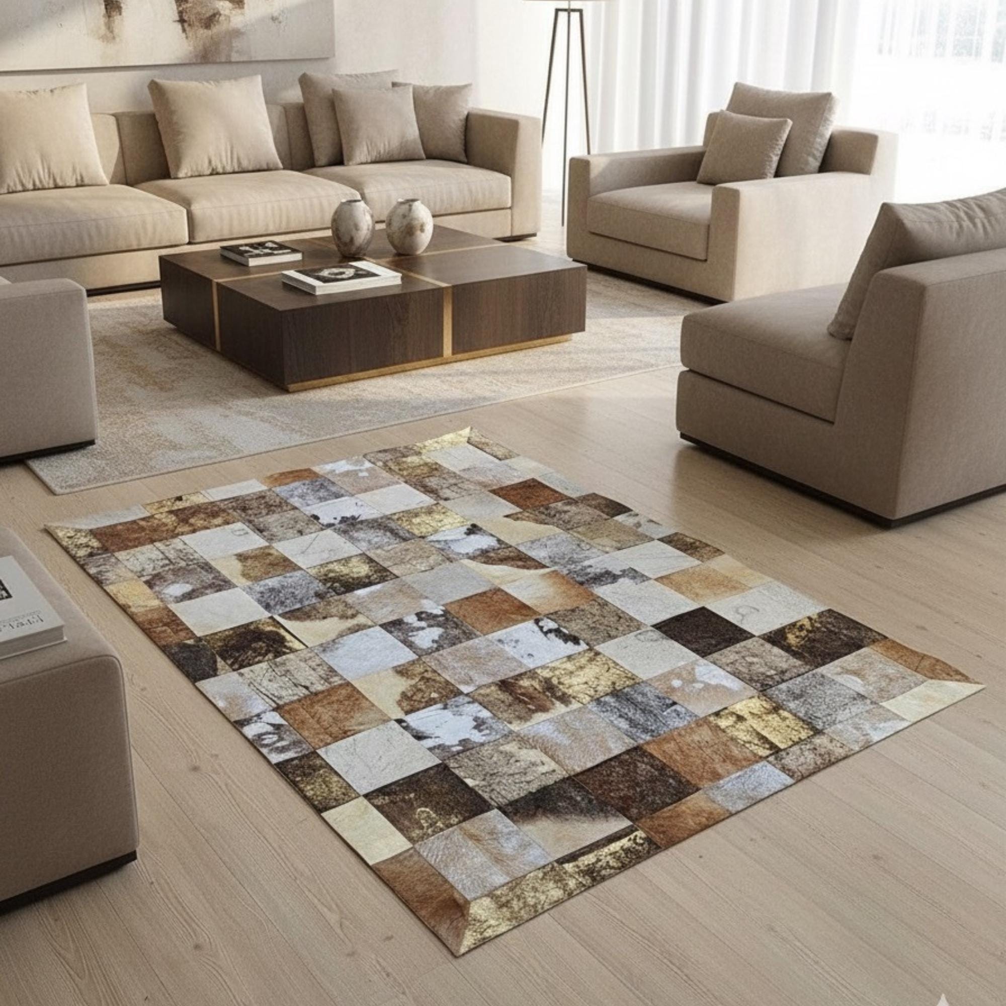 Multicolor Cowhide Rug, Patchwork Area Rug, Mosaic Leather Carpet