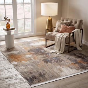 Abstract Area Rug, Gray Beige Rust Neutral Carpet, Soft Modern Floor Rug