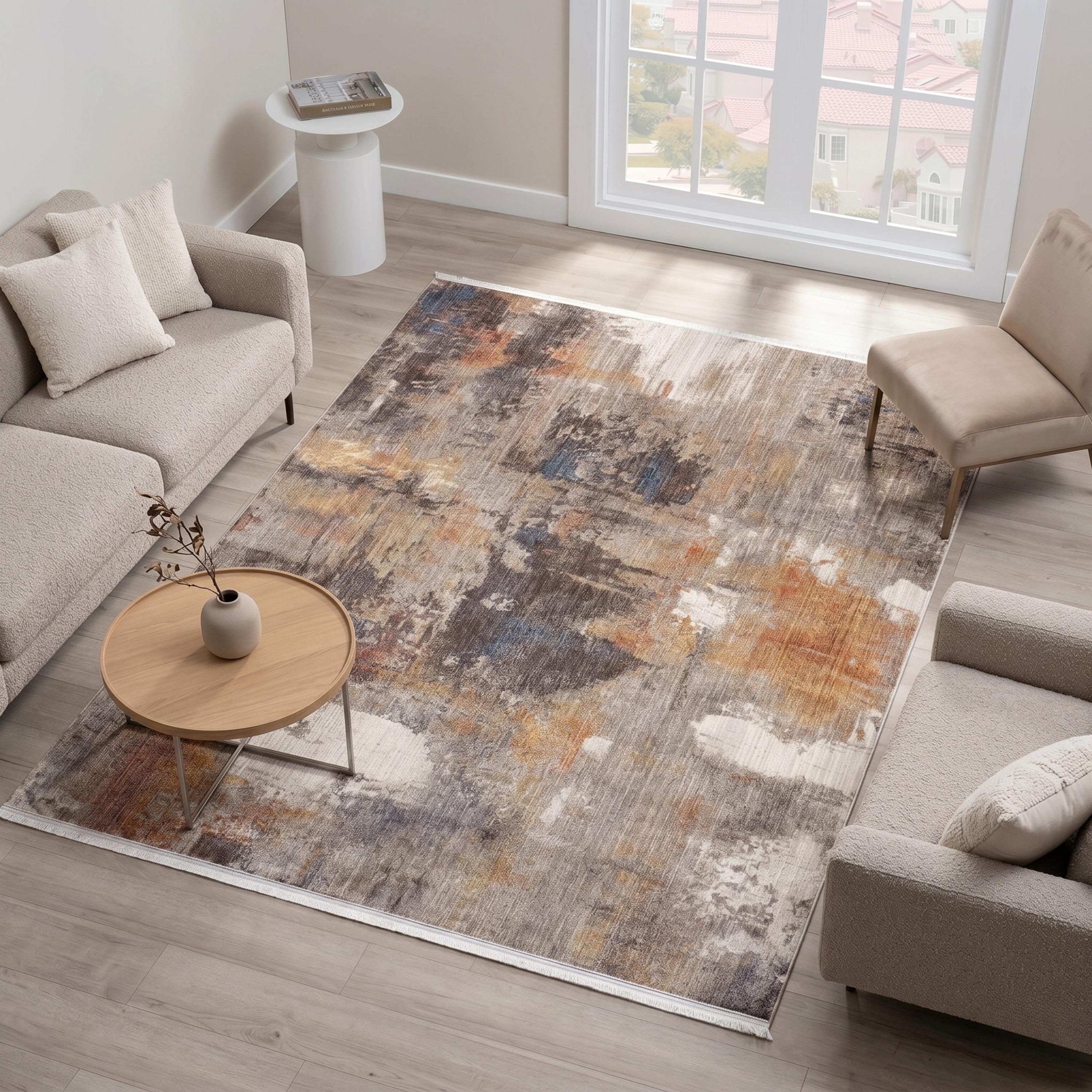 Abstract Area Rug, Gray Beige Rust Neutral Carpet, Soft Modern Floor Rug