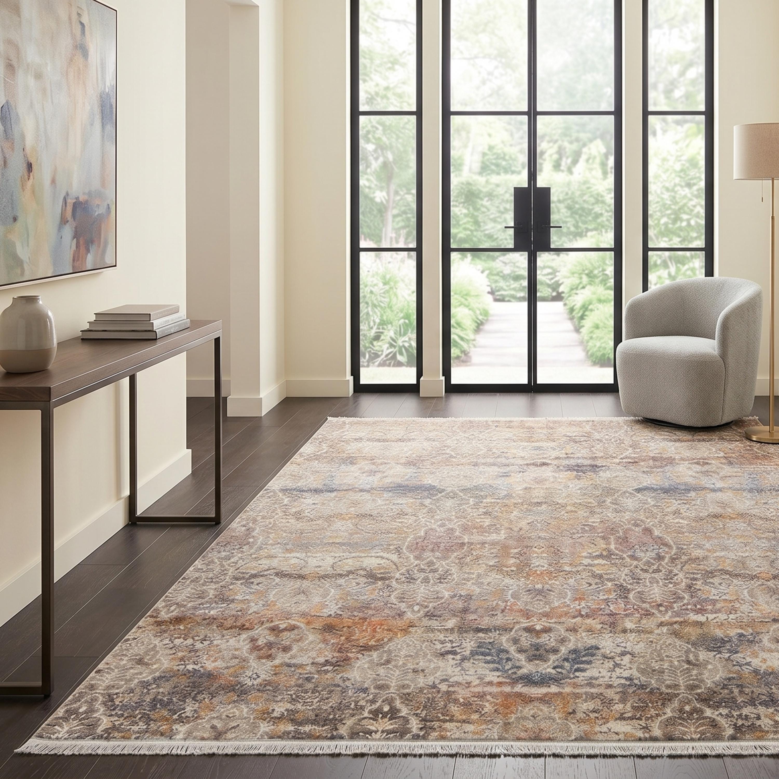 Distressed Oriental Area Rug, Beige Grey Blue Machine Made Carpet, Modern Farmhouse Style