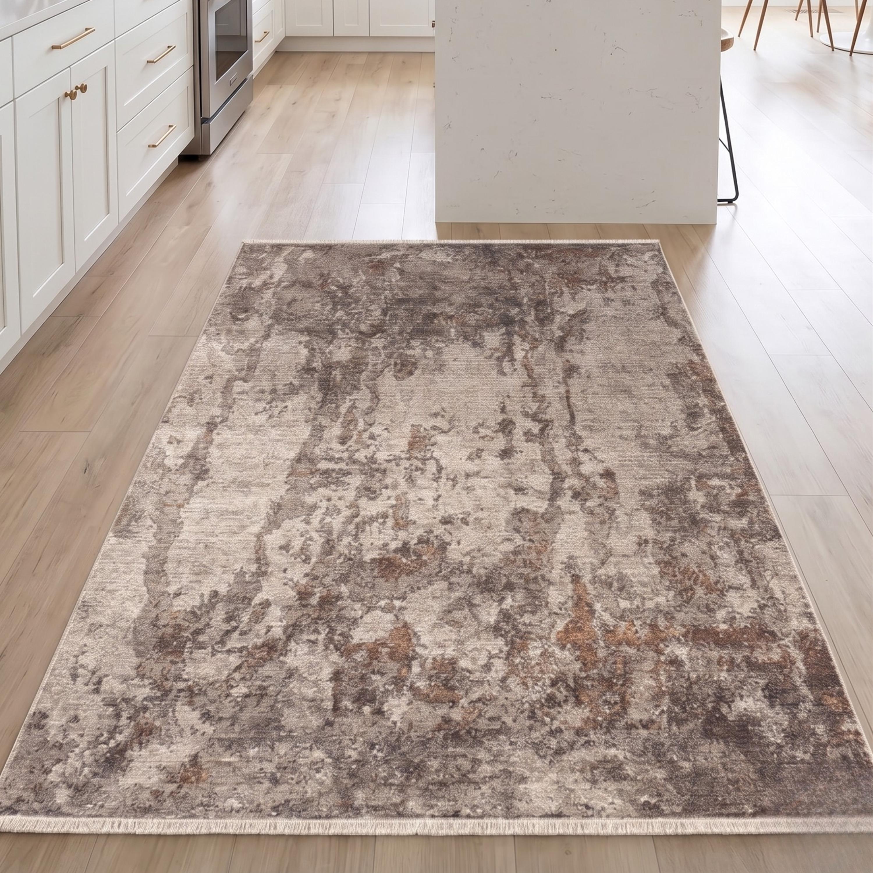 Machine Made Abstract Area Rug, Soft Neutral Tones, Modern Bedroom Carpet