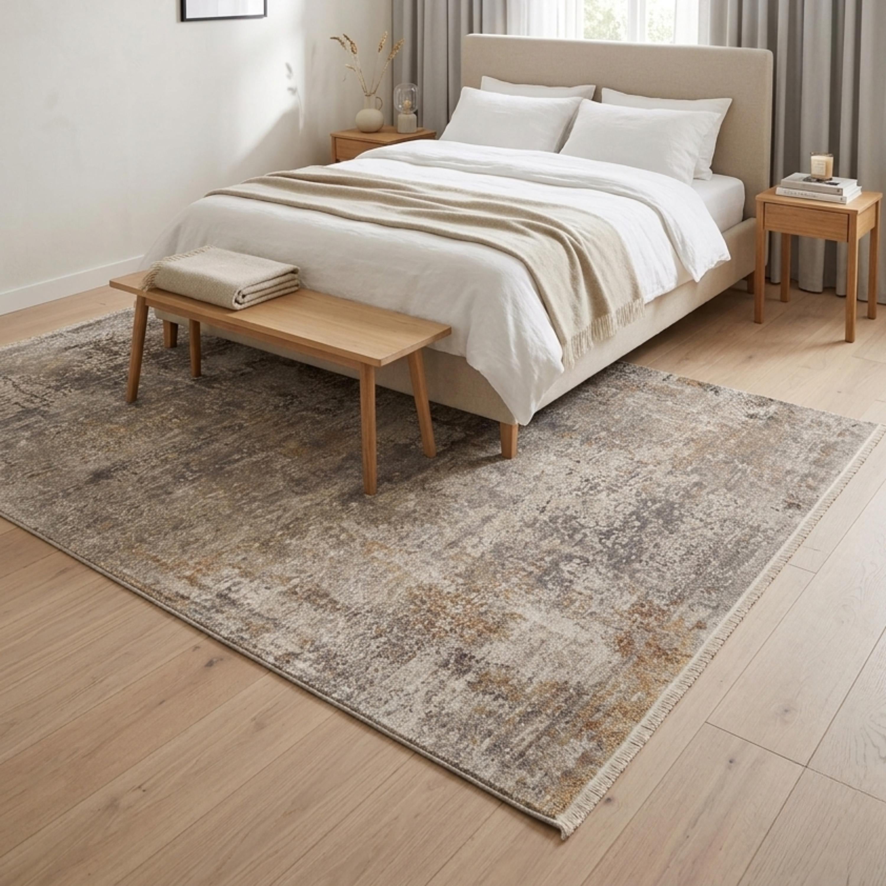 Machine Made Abstract Area Rug, Distressed Neutral Tones, Modern Living Room Carpet