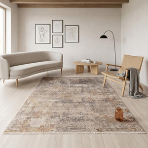 Machine Made Abstract Area Rug, Distressed Neutral Tones, Modern Living Room Carpet