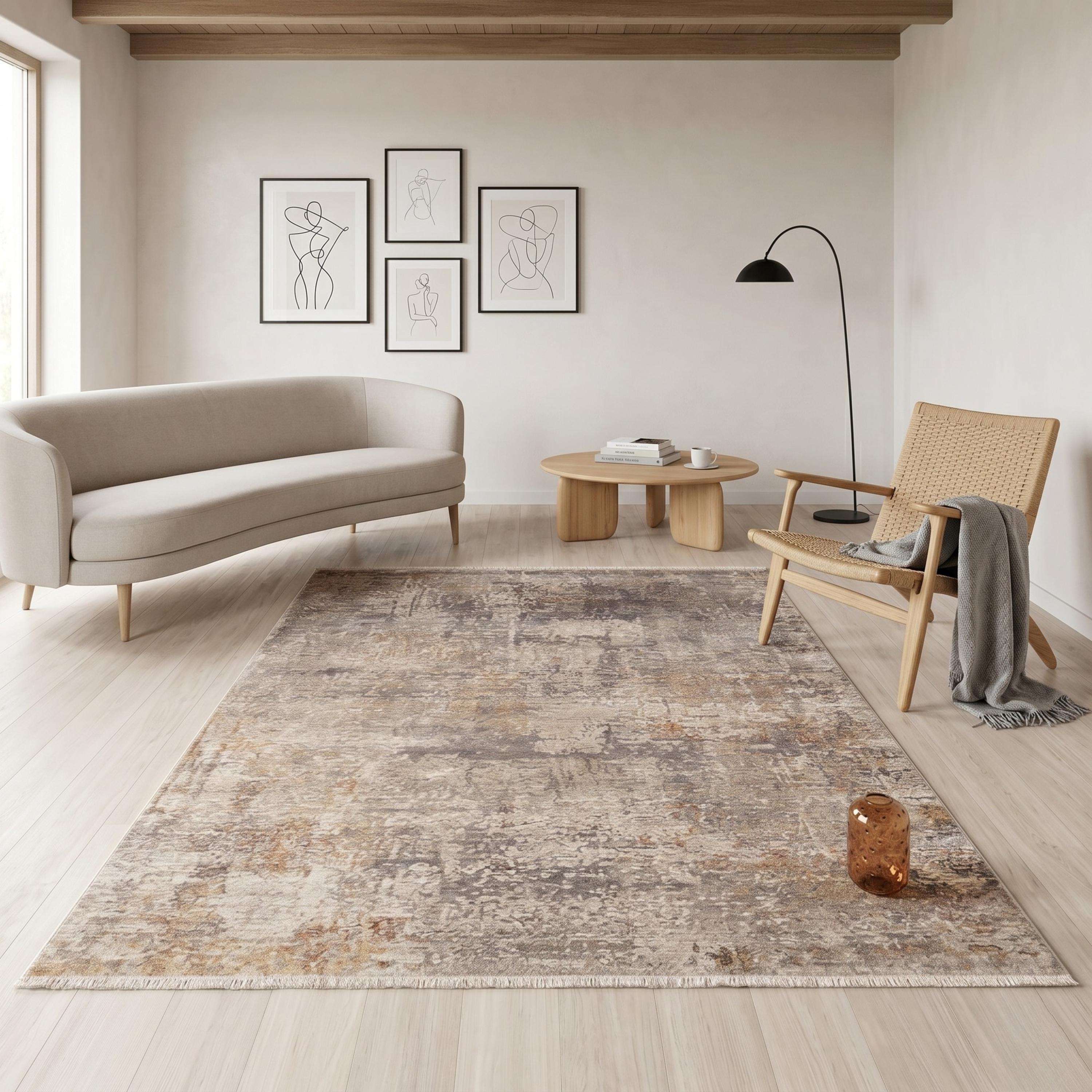 Machine Made Abstract Area Rug, Distressed Neutral Tones, Modern Living Room Carpet