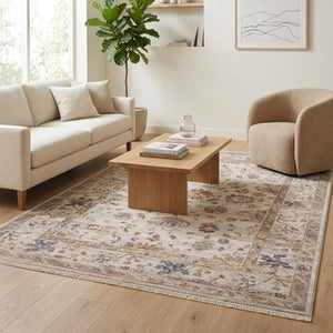 Cream Beige Oriental Floral Area Rug, Neutral Living Room Carpet