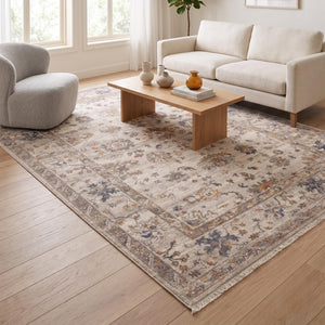 Cream Beige Oriental Floral Area Rug, Neutral Living Room Carpet