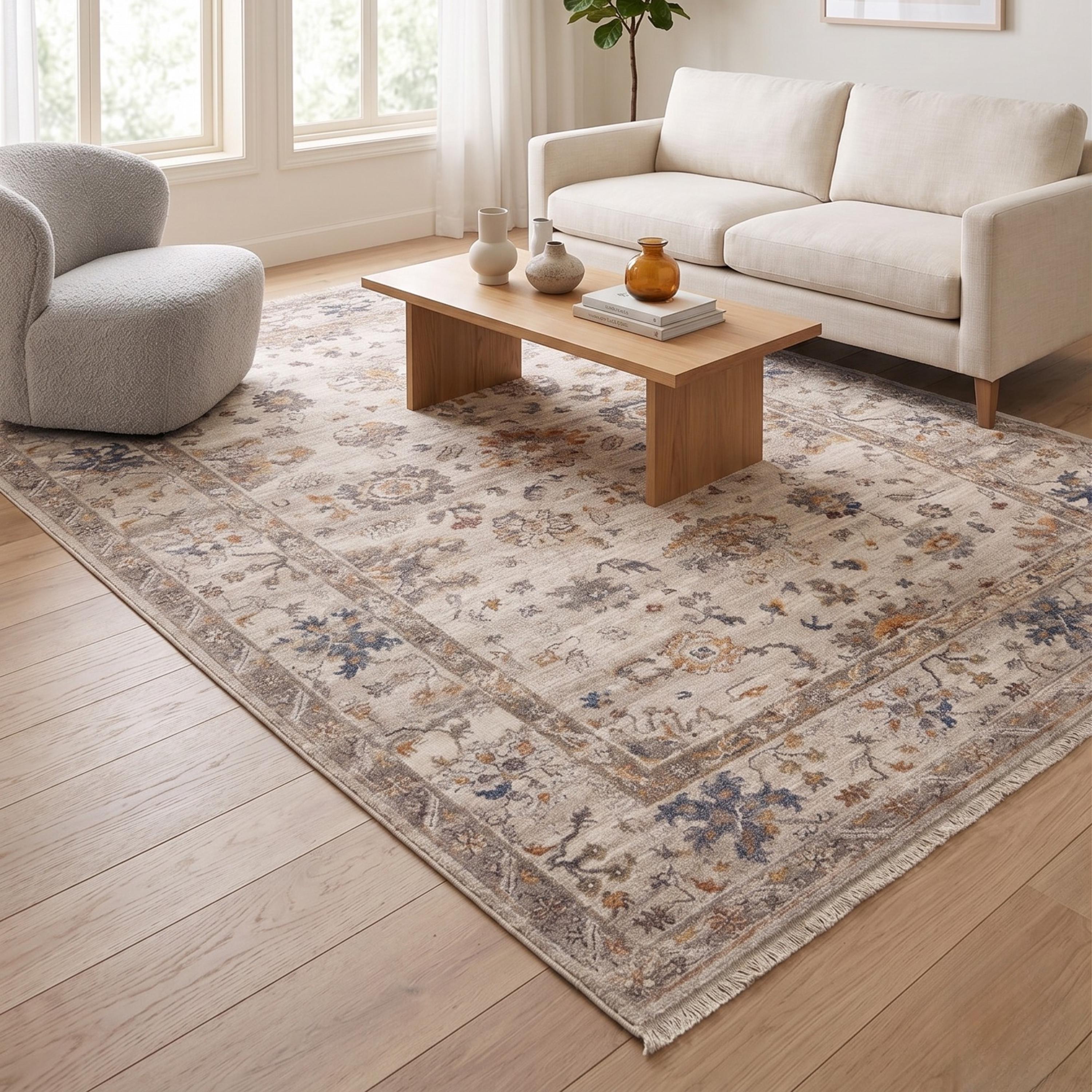 Cream Beige Oriental Floral Area Rug, Neutral Living Room Carpet