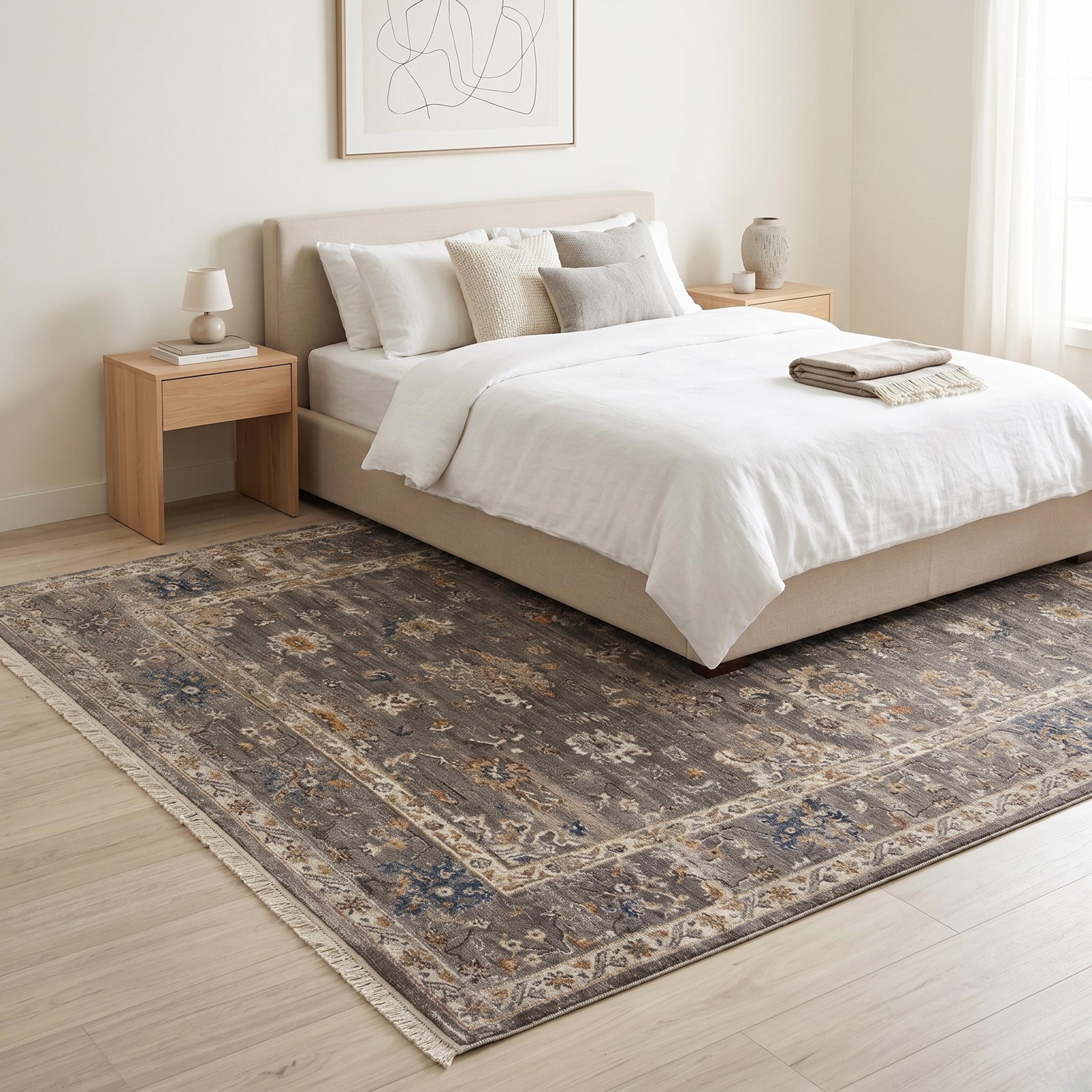 Dark Grey Oriental Floral Area Rug, Traditional Living Room Carpet