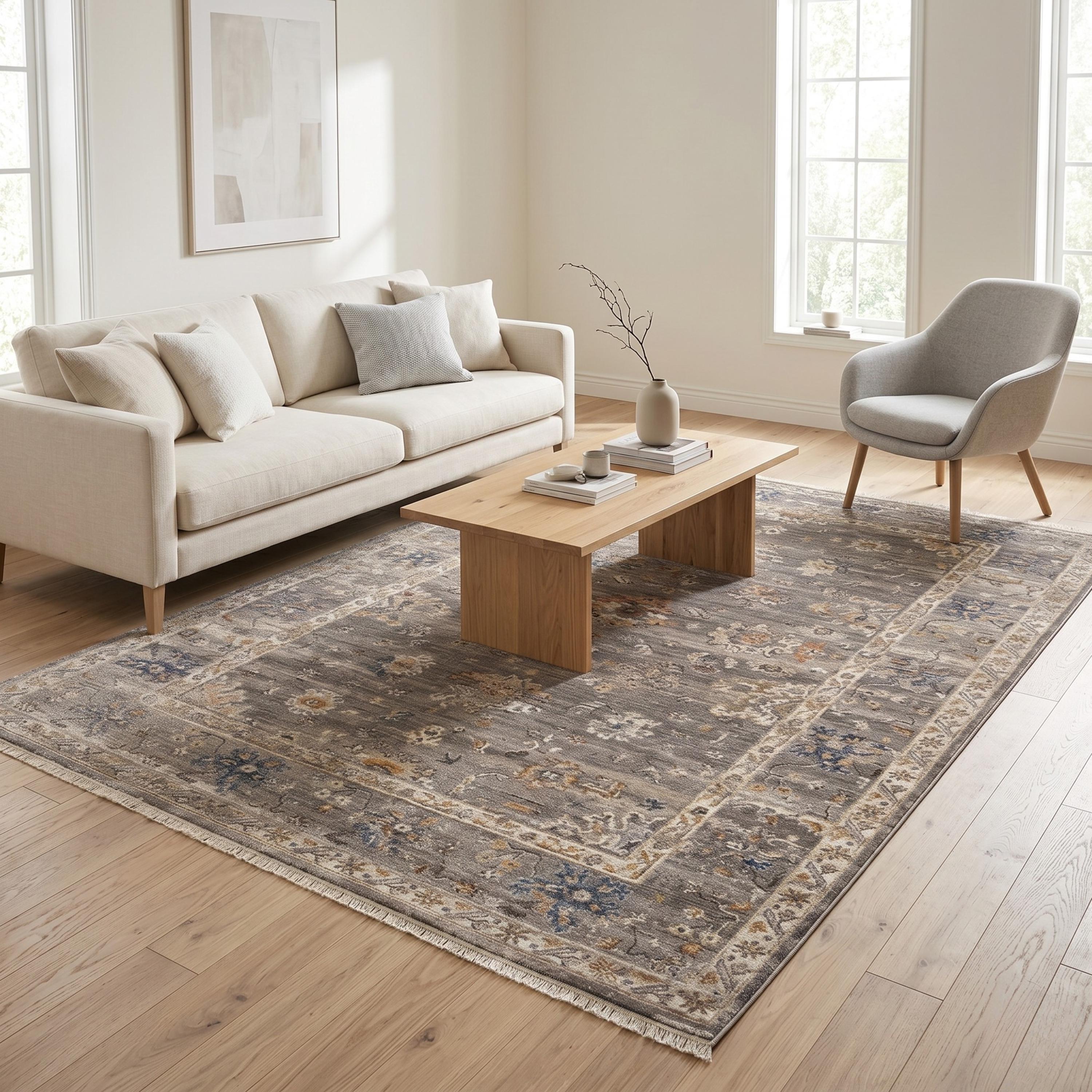 Dark Grey Oriental Floral Area Rug, Traditional Living Room Carpet