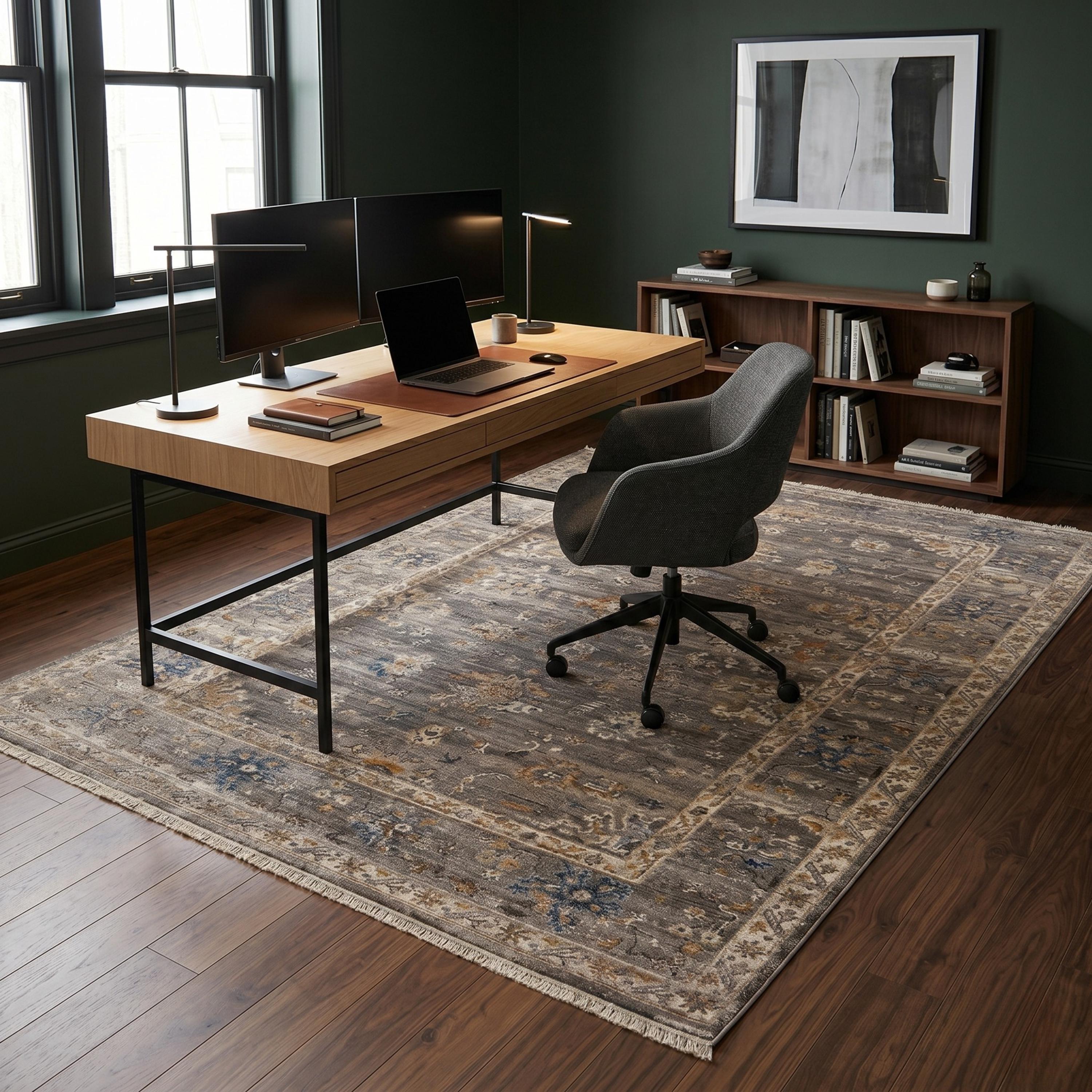 Dark Grey Oriental Floral Area Rug, Traditional Living Room Carpet