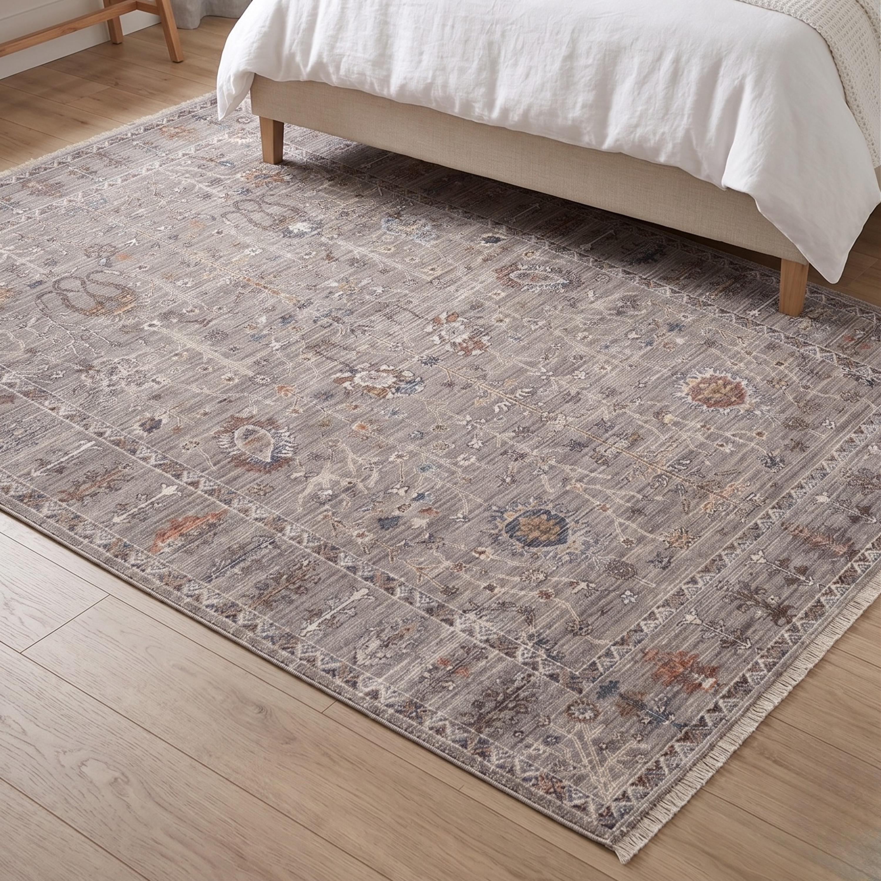 Grey Taupe Oriental Area Rug, Soft Floral Fringe, Traditional Living Room Carpet