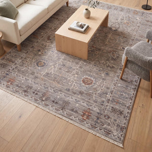 Grey Taupe Oriental Area Rug, Soft Floral Fringe, Traditional Living Room Carpet