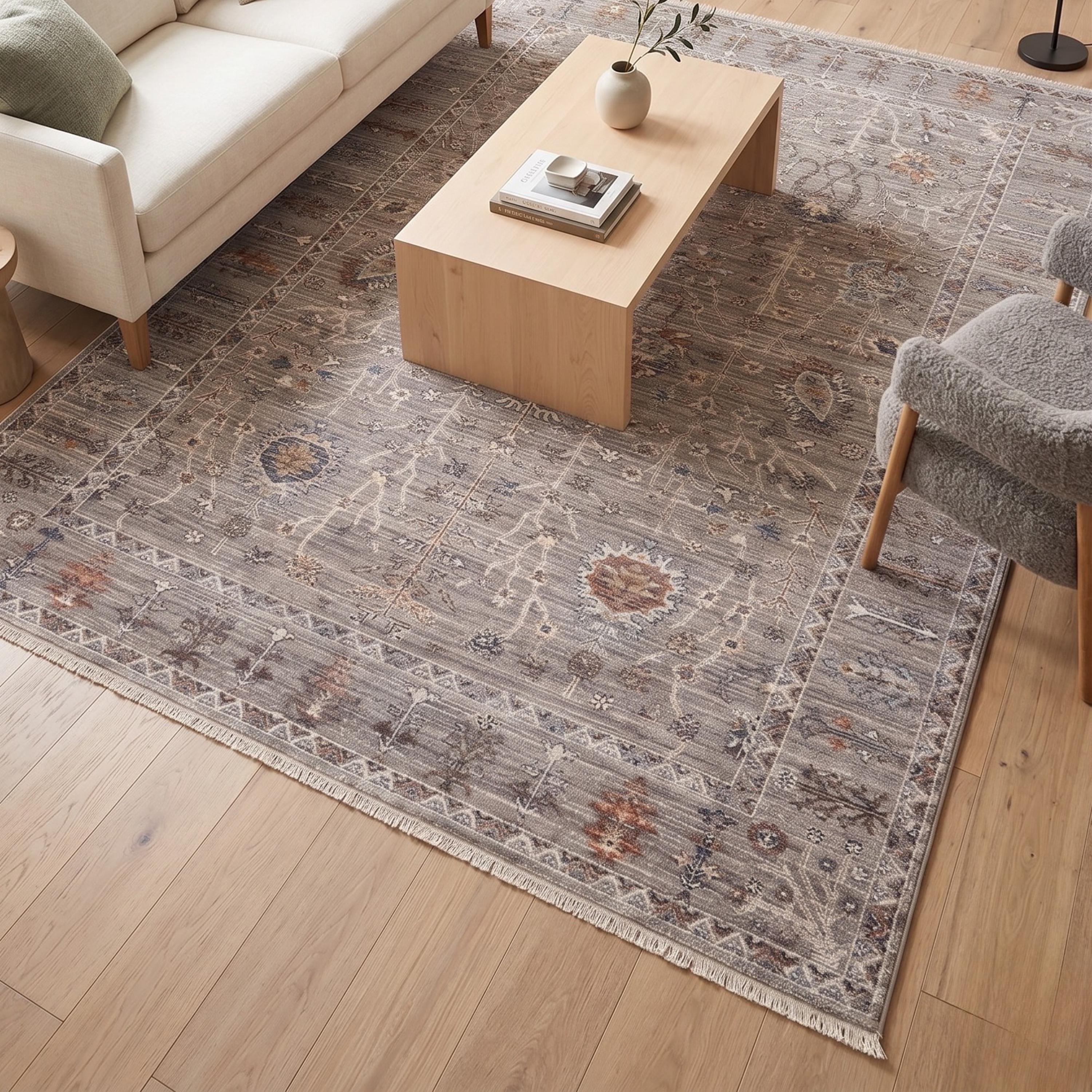 Grey Taupe Oriental Area Rug, Soft Floral Fringe, Traditional Living Room Carpet