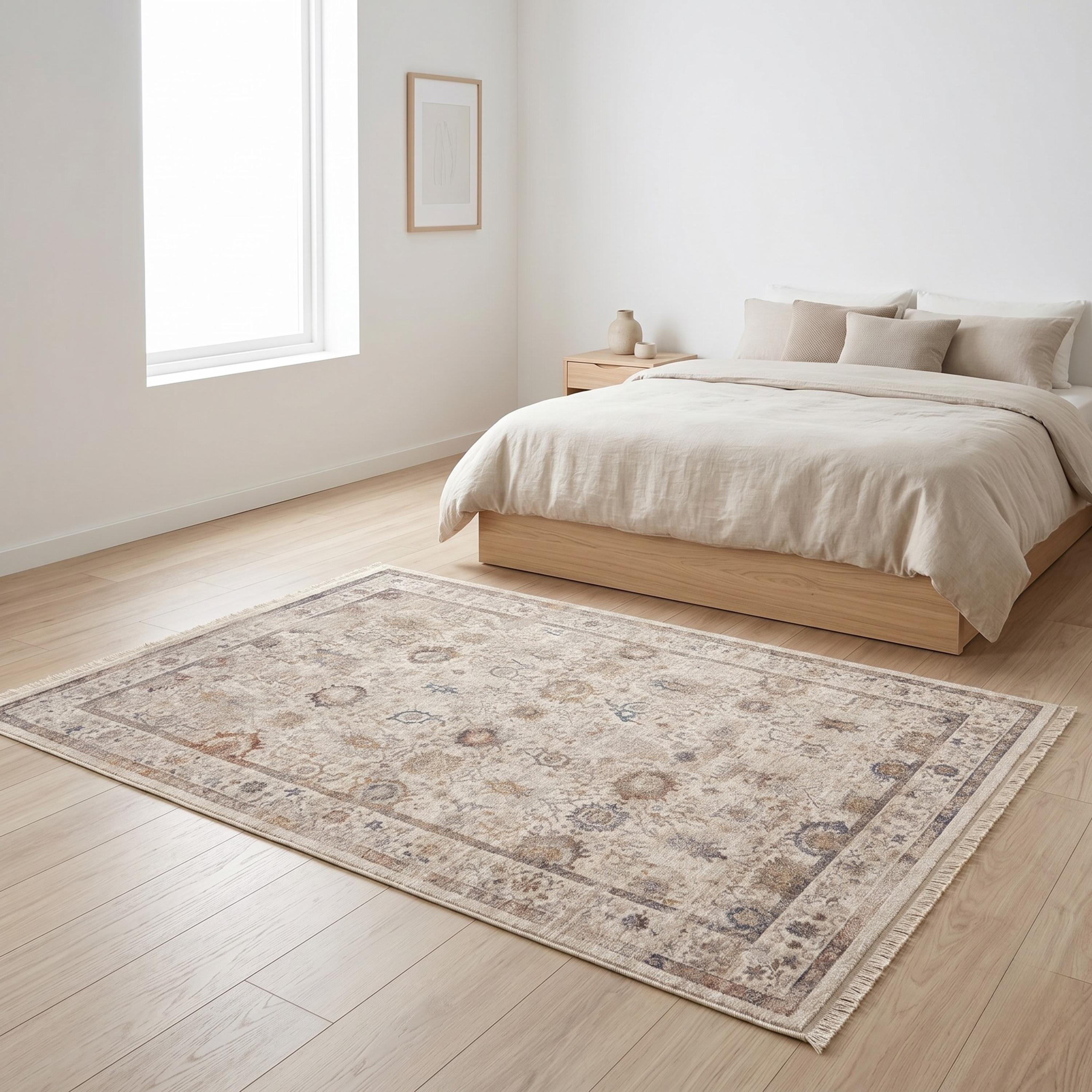Cream Beige Oriental Floral Area Rug, Soft Traditional Fringe Living Room Carpet