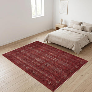 Red Oriental Area Rug, Distressed Traditional Carpet, Boho Living Room Floor Rug