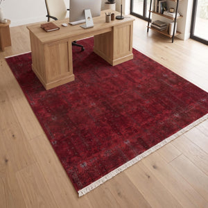 Distressed Abstract Red Area Rug, Machine Made Burgundy Fringe Carpet