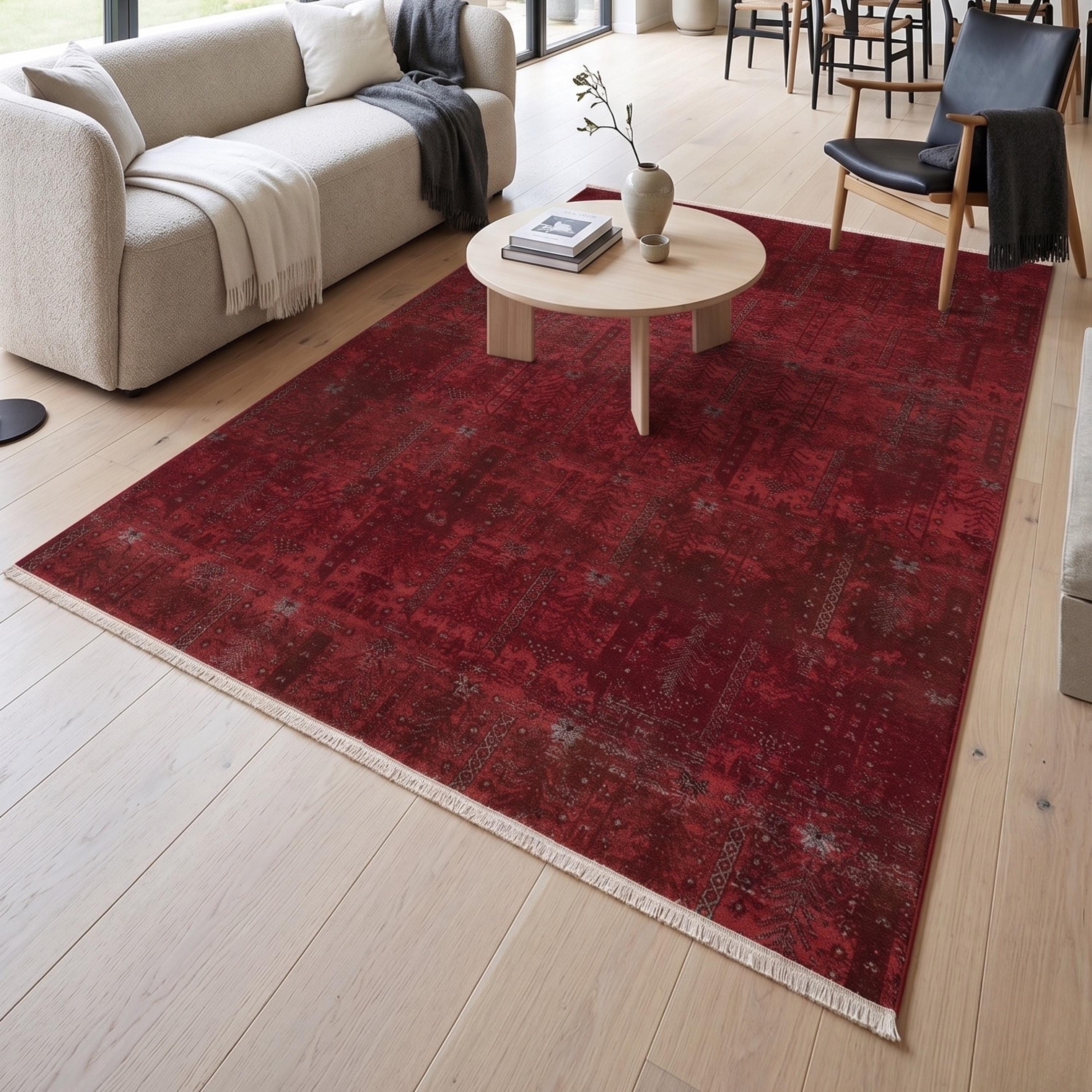 Distressed Abstract Red Area Rug, Machine Made Burgundy Fringe Carpet