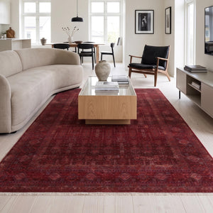 Distressed Oriental Area Rug, Machine Made Burgundy Traditional Carpet