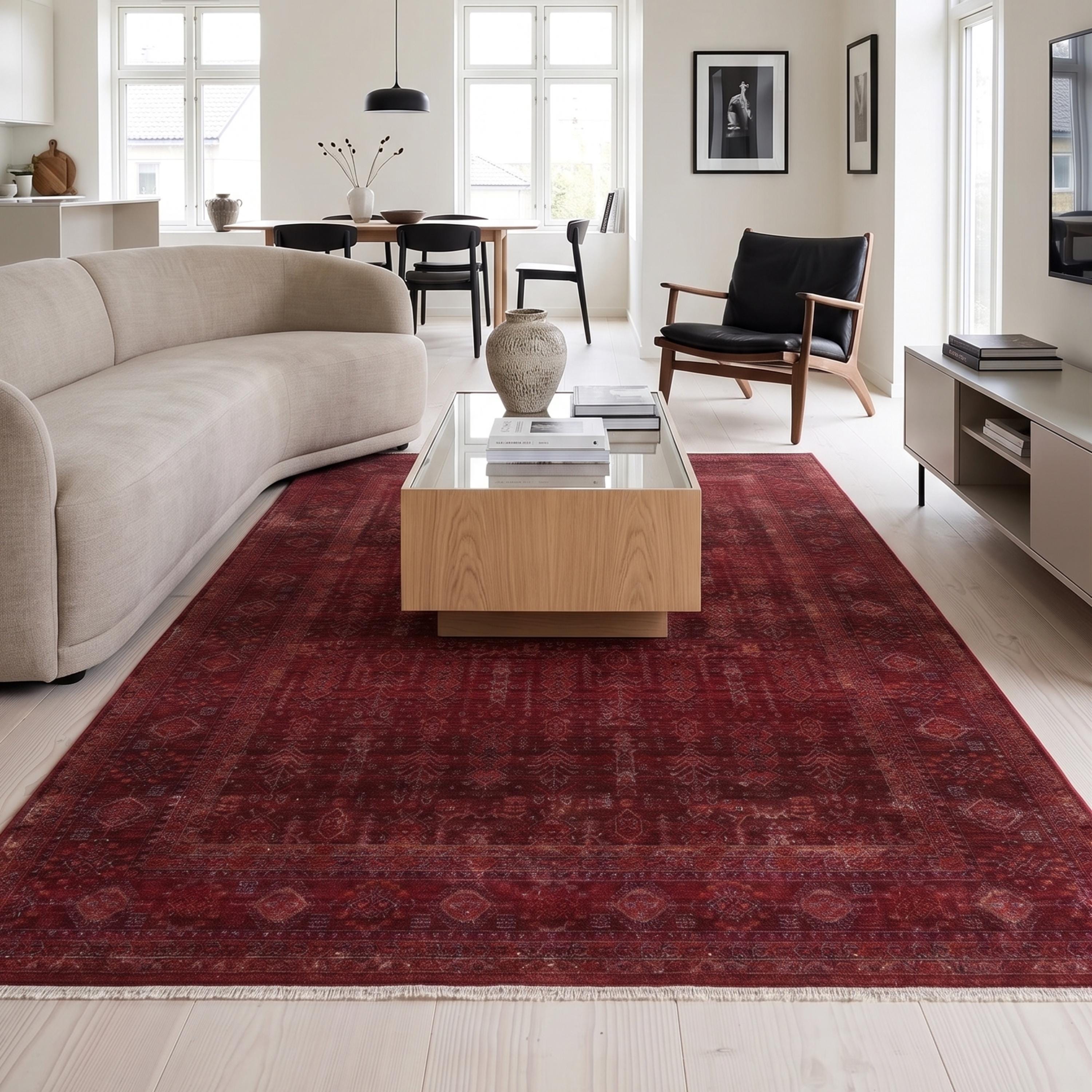 Distressed Oriental Area Rug, Machine Made Burgundy Traditional Carpet