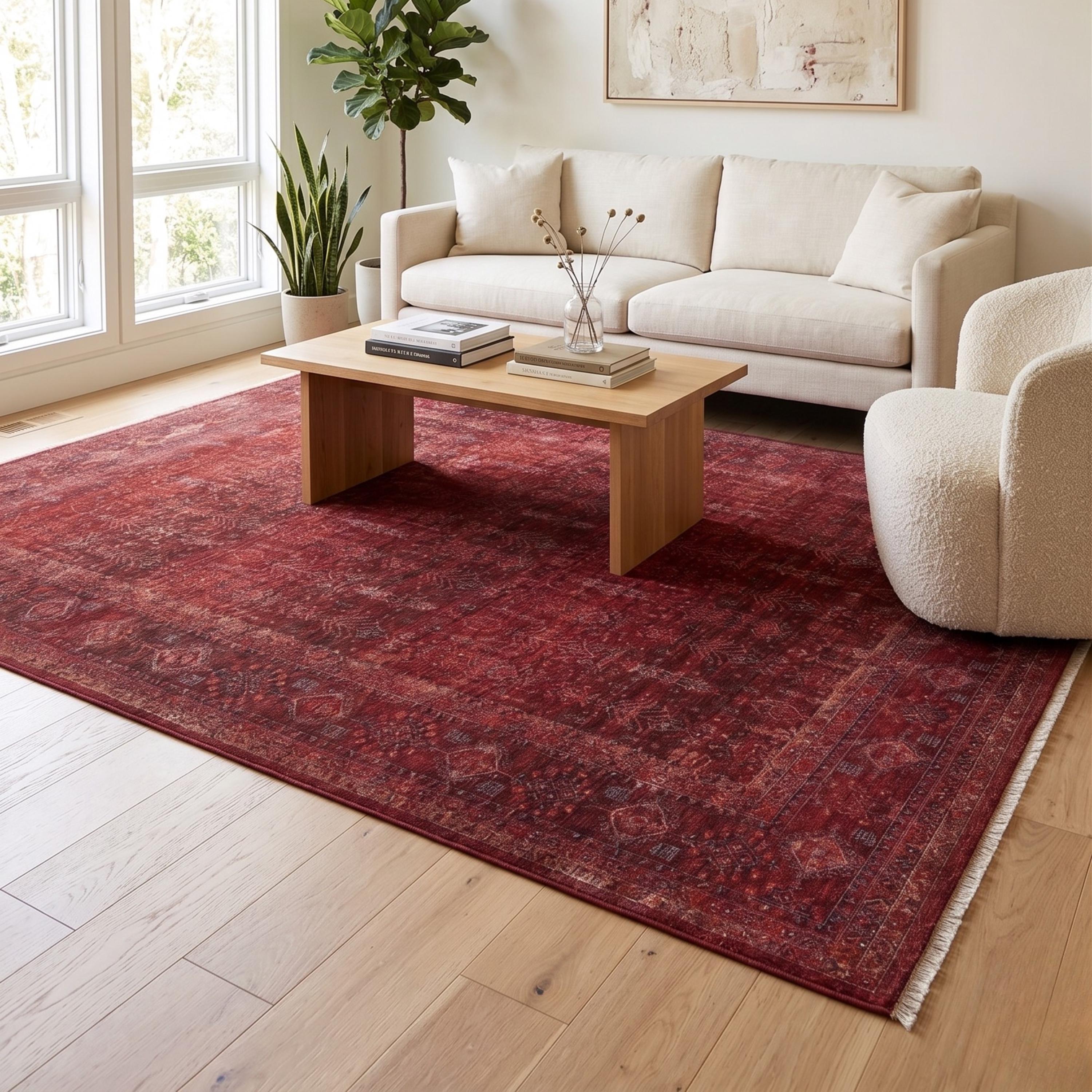 Distressed Oriental Area Rug, Machine Made Burgundy Traditional Carpet
