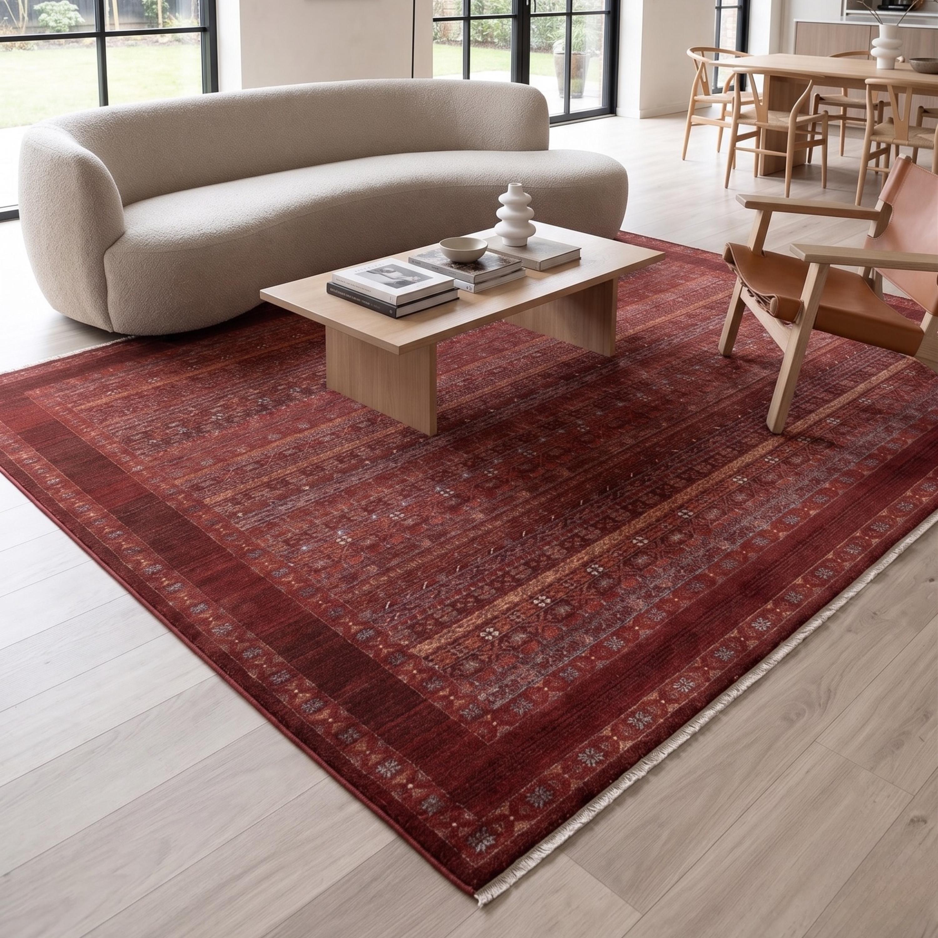 Machine Made Oriental Red Area Rug, Traditional Persian Boho Carpet