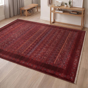 Machine Made Oriental Red Area Rug, Traditional Persian Boho Carpet