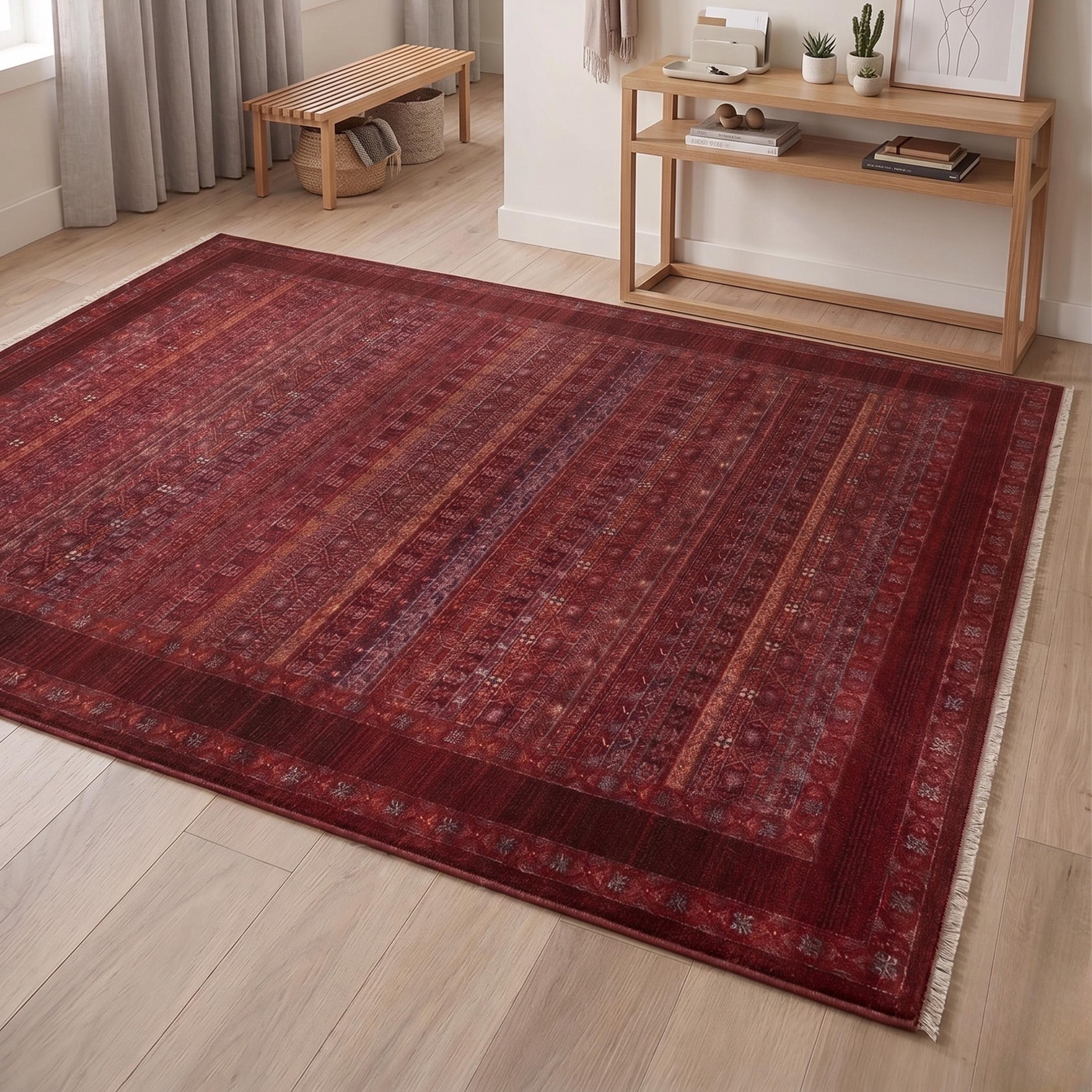 Machine Made Oriental Red Area Rug, Traditional Persian Boho Carpet