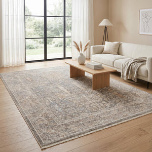 Distressed Beige Area Rug, Vintage Style Living Room Carpet, Soft Grey Ivory Pattern