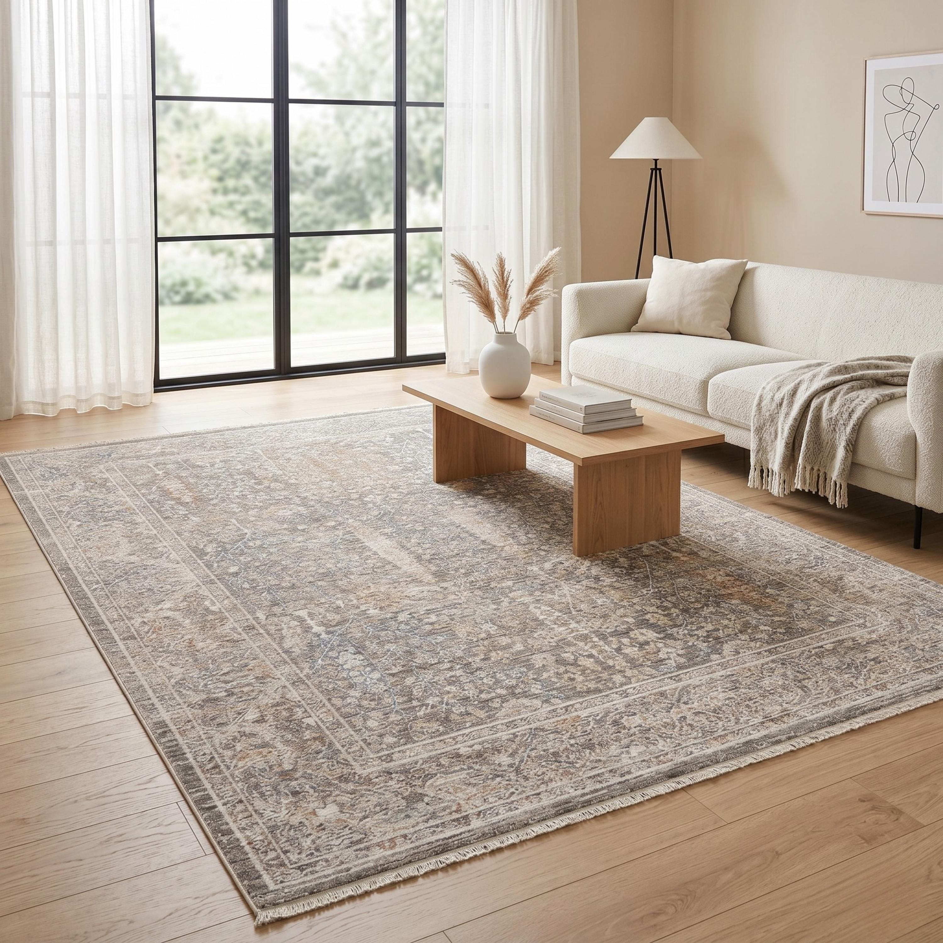 Distressed Beige Area Rug, Vintage Style Living Room Carpet, Soft Grey Ivory Pattern