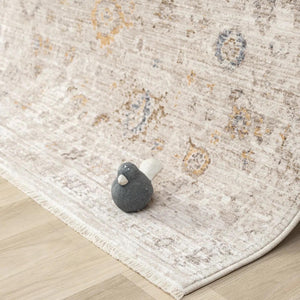 Neutral Oriental Distressed Area Rug, Beige Ivory Living Room Carpet, Farmhouse Style