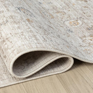 Neutral Oriental Distressed Area Rug, Beige Ivory Living Room Carpet, Farmhouse Style
