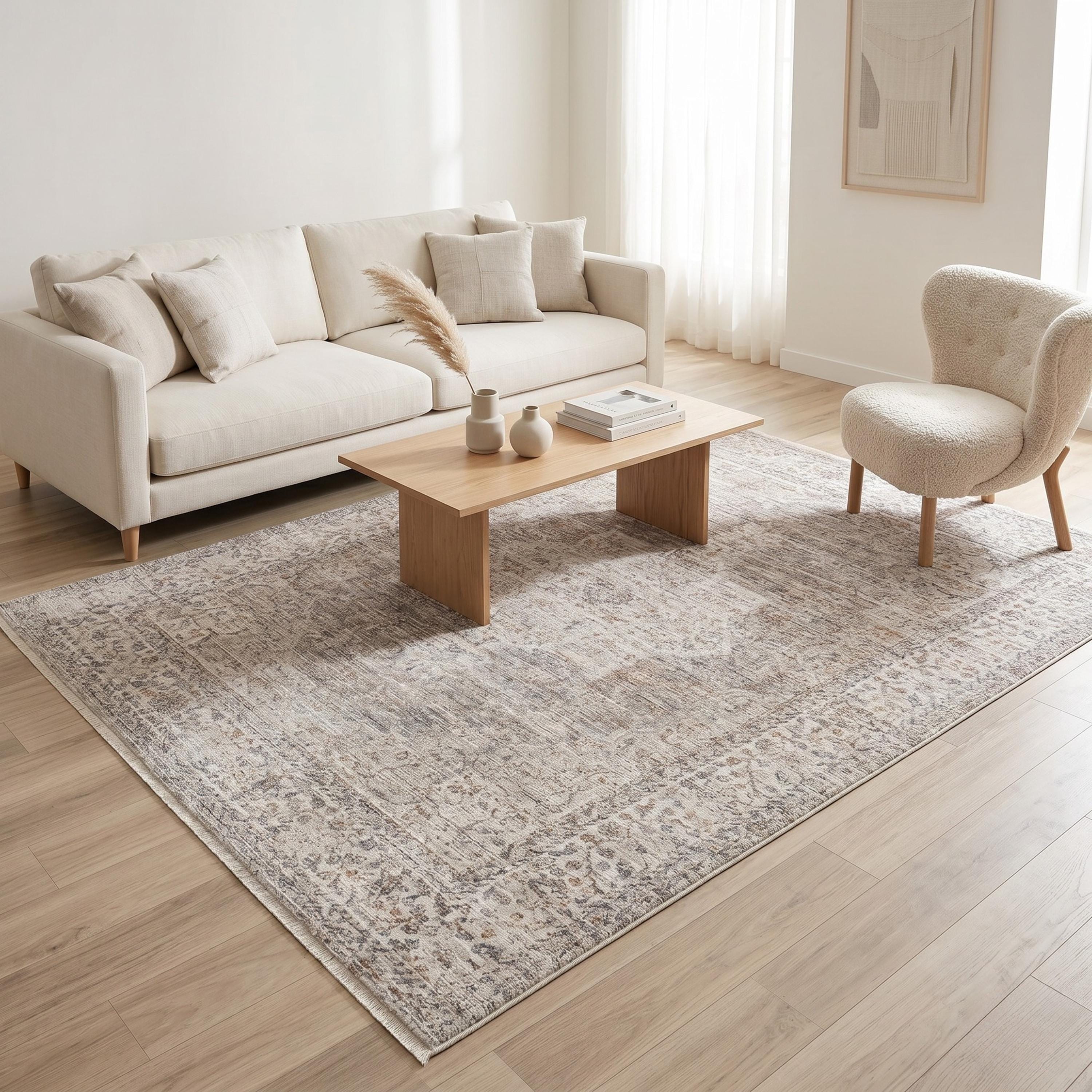 Distressed Traditional Area Rug, Beige Ivory Living Room Carpet, Soft Washable Look