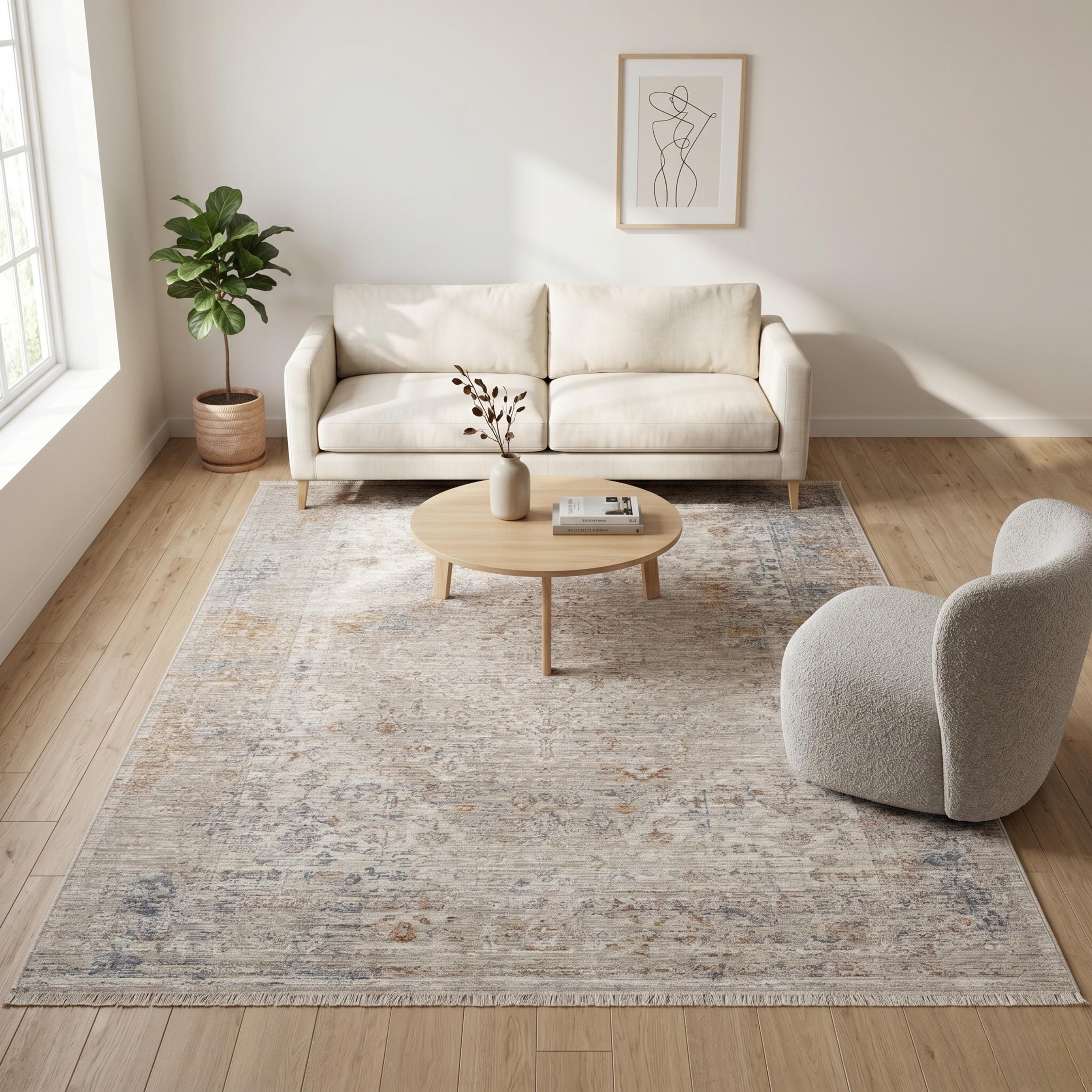 Distressed Traditional Area Rug, Beige Ivory Pattern Carpet, Soft Elegant Floor Runner