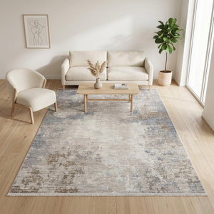 Neutral Abstract Area Rug, Beige Gray Distressed Modern Living Room Carpet