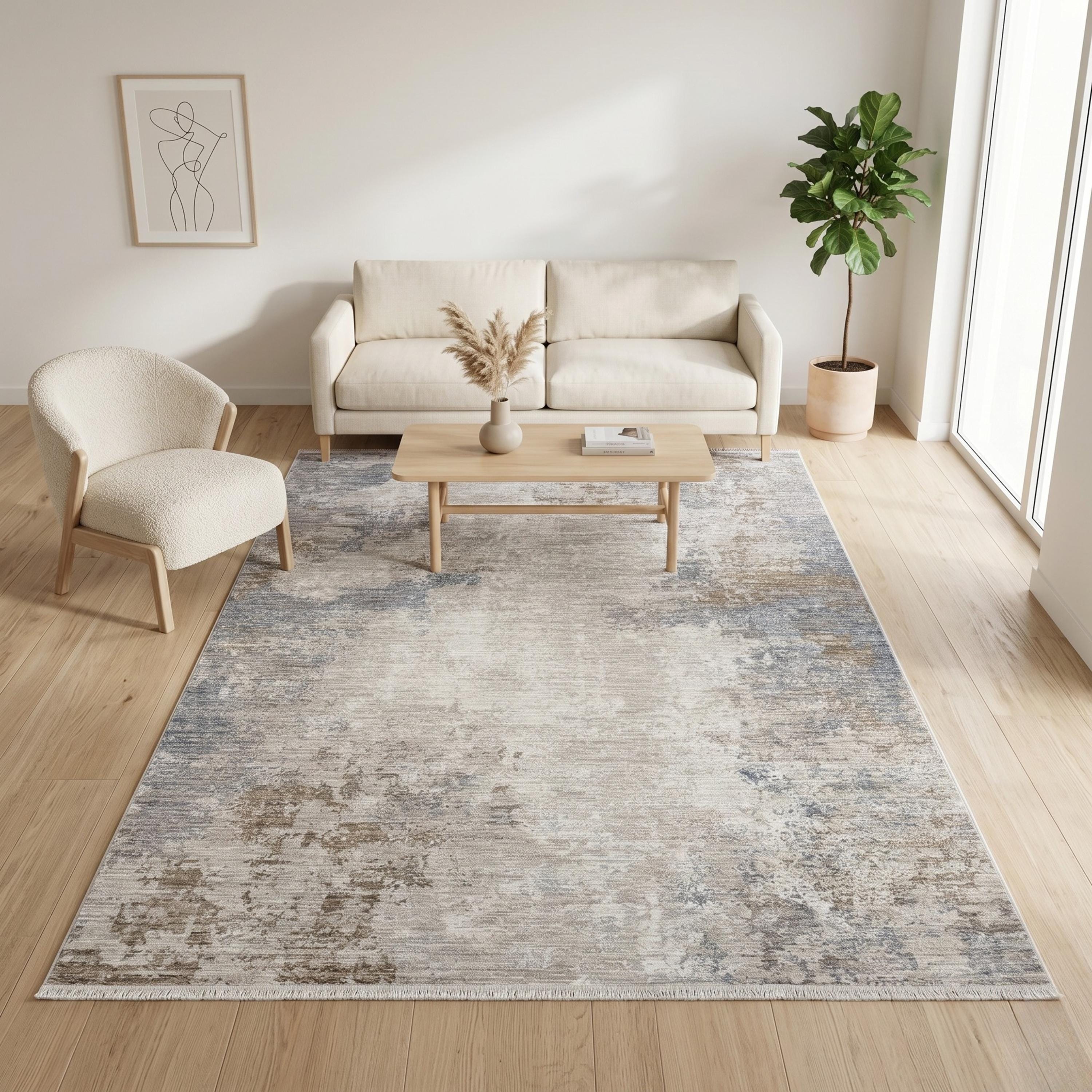 Neutral Abstract Area Rug, Beige Gray Distressed Modern Living Room Carpet