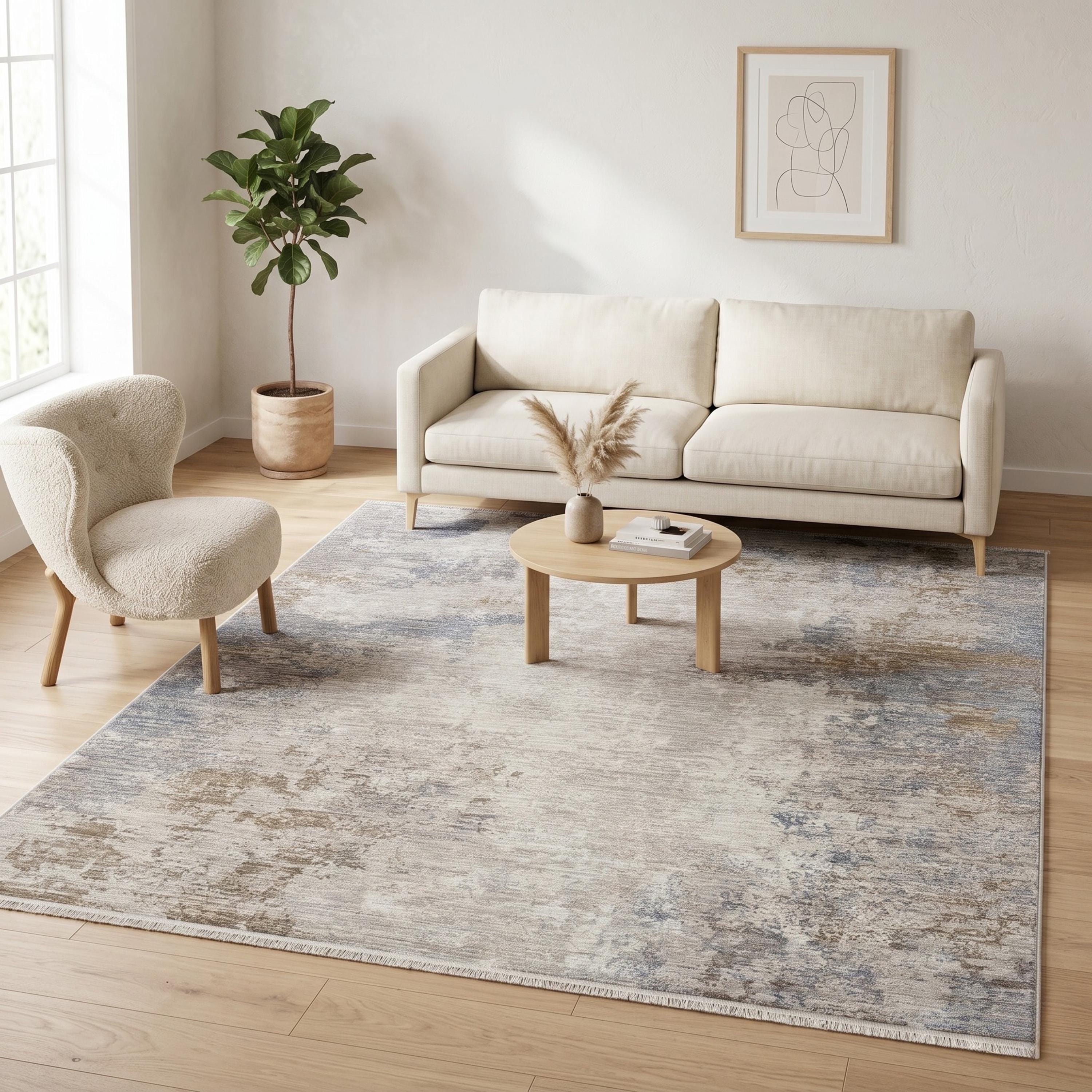 Neutral Abstract Area Rug, Beige Gray Distressed Modern Living Room Carpet