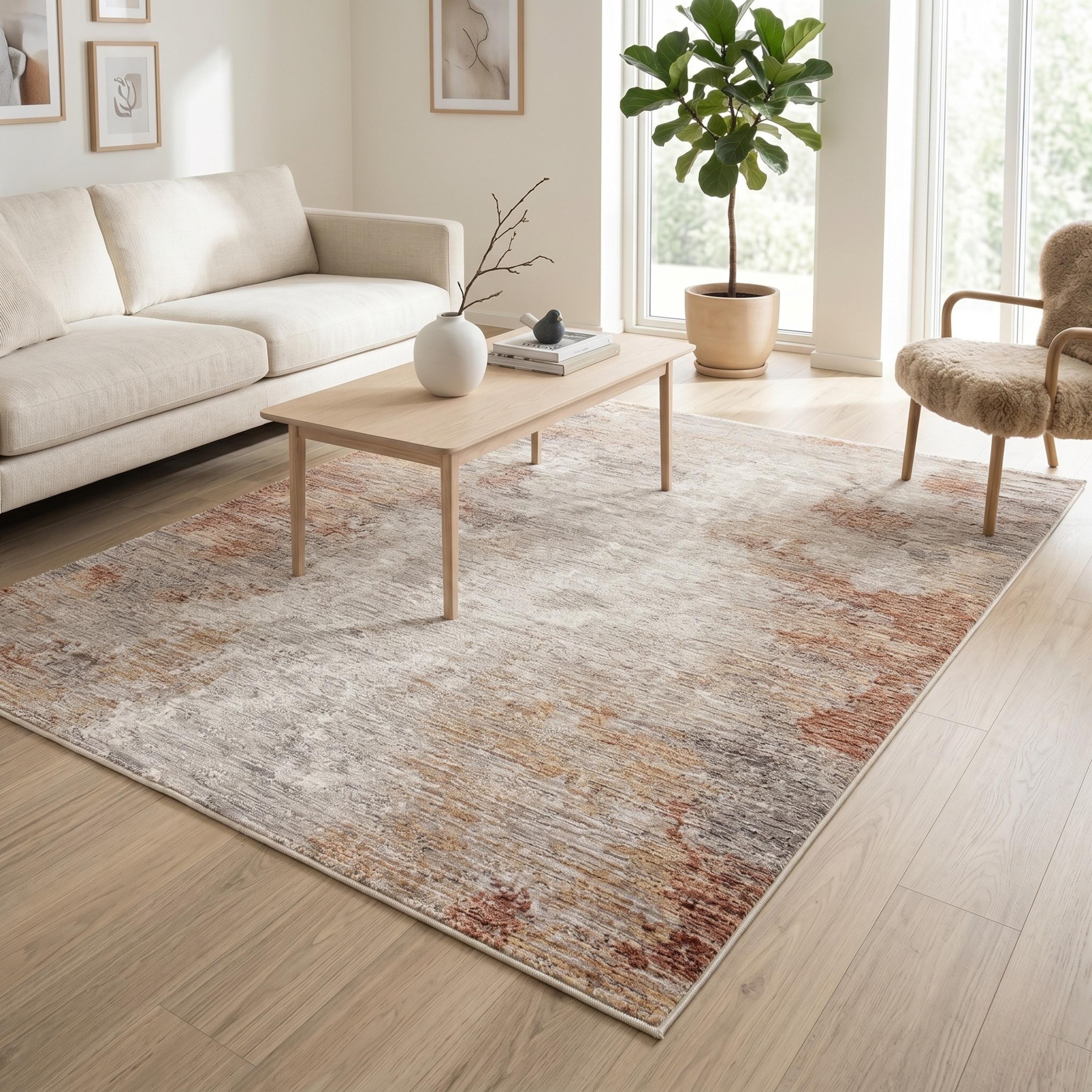 Rust Beige Abstract Distressed Area Rug, Modern Neutral Living Room Carpet
