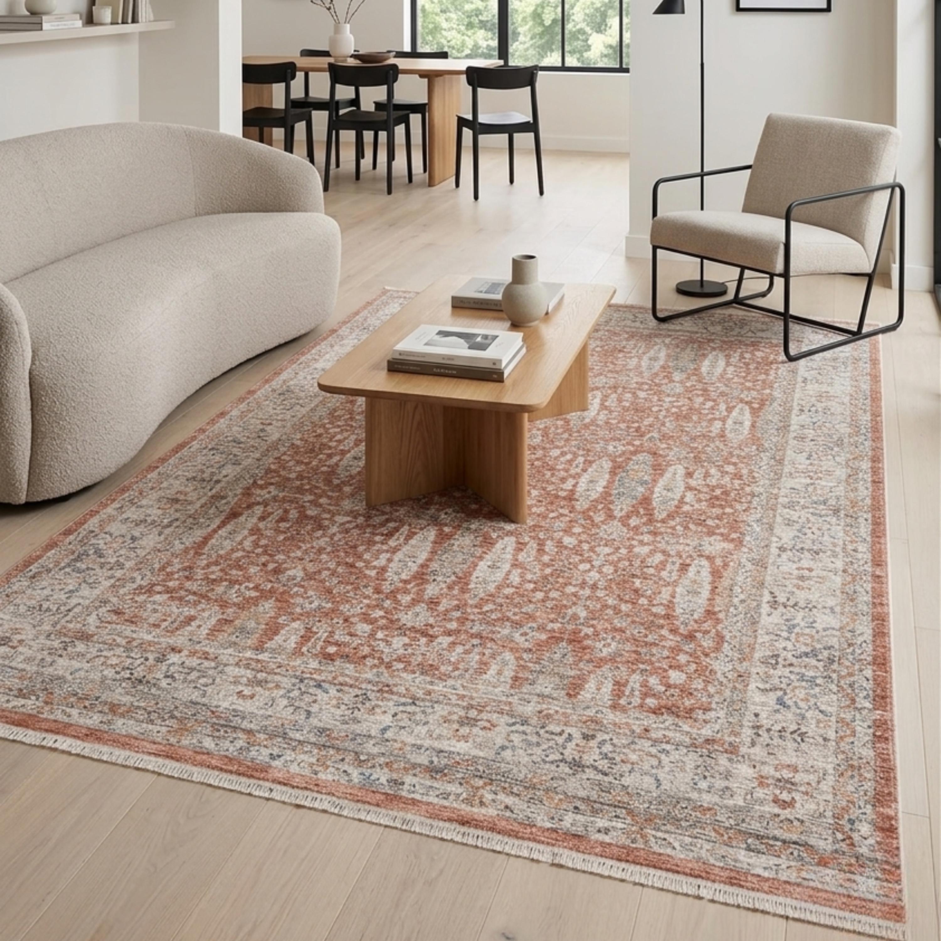 Distressed Oriental Terracotta Area Rug, Vintage Style Living Room Carpet