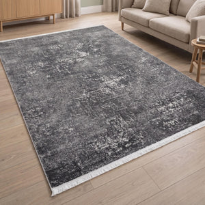 Charcoal Grey Distressed Abstract Area Rug, Modern Minimalist Floor Carpet