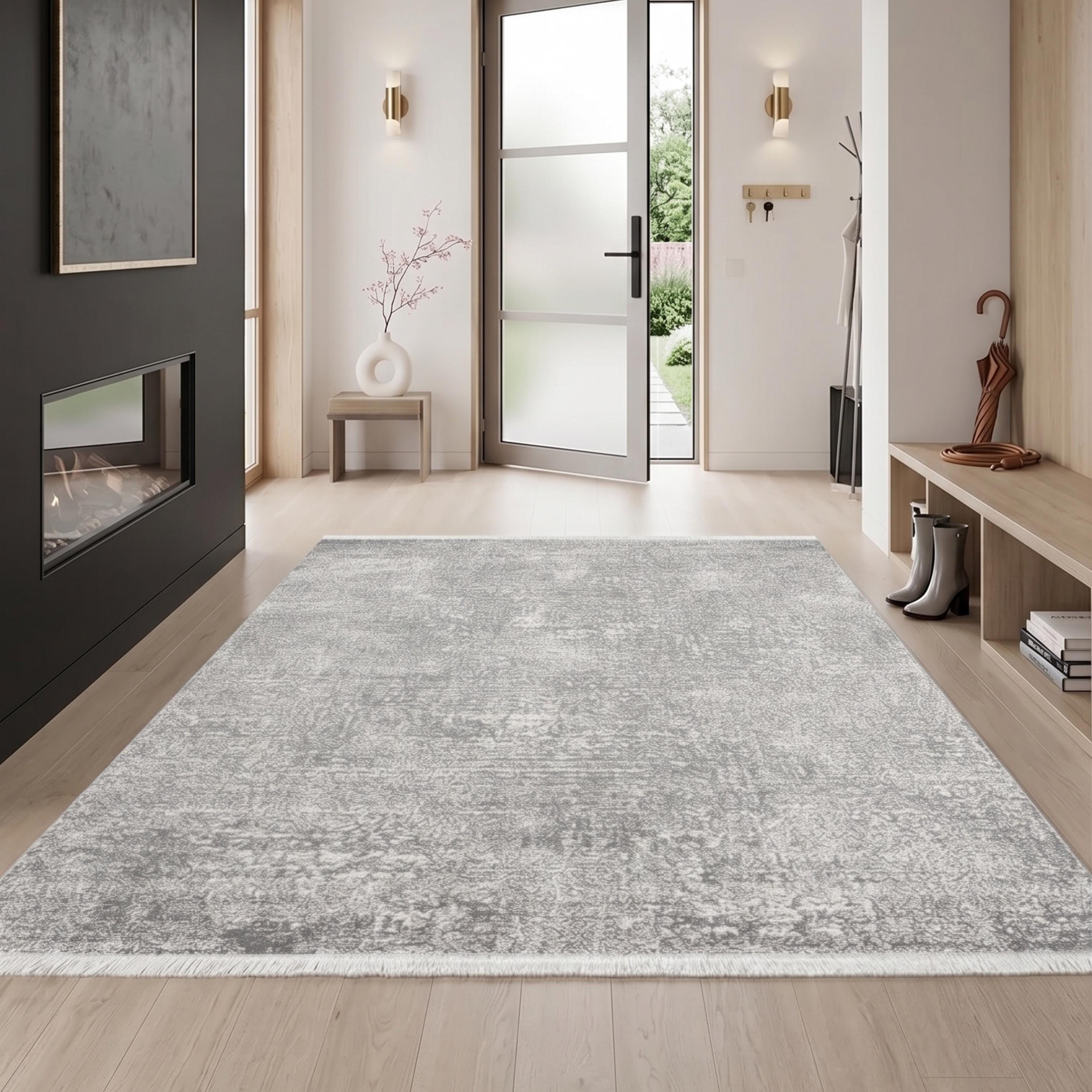 Distressed Abstract Area Rug, Light Grey Scandinavian Living Room Carpet