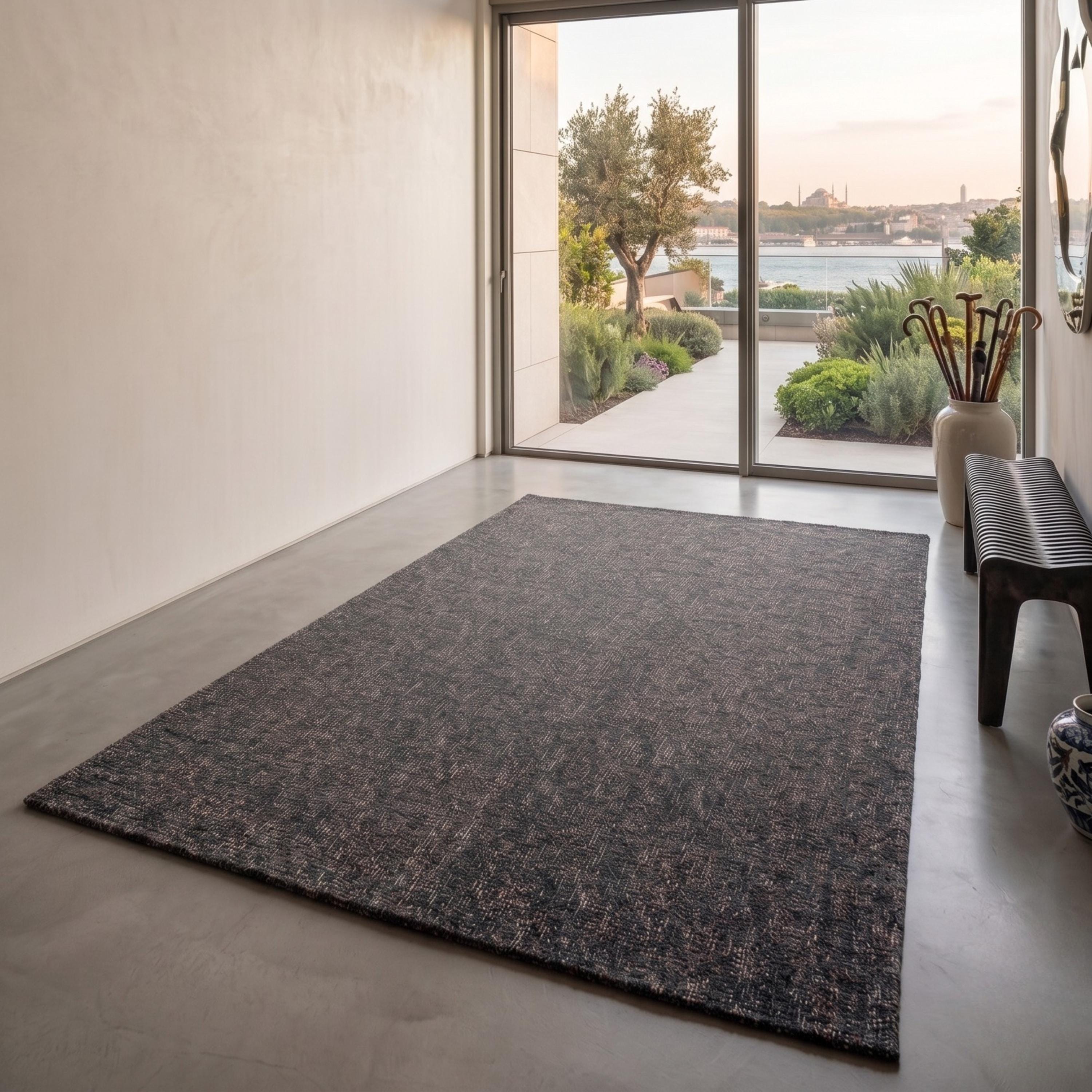 Dark Charcoal Textured Area Rug, Modern Minimalist Living Room Carpet