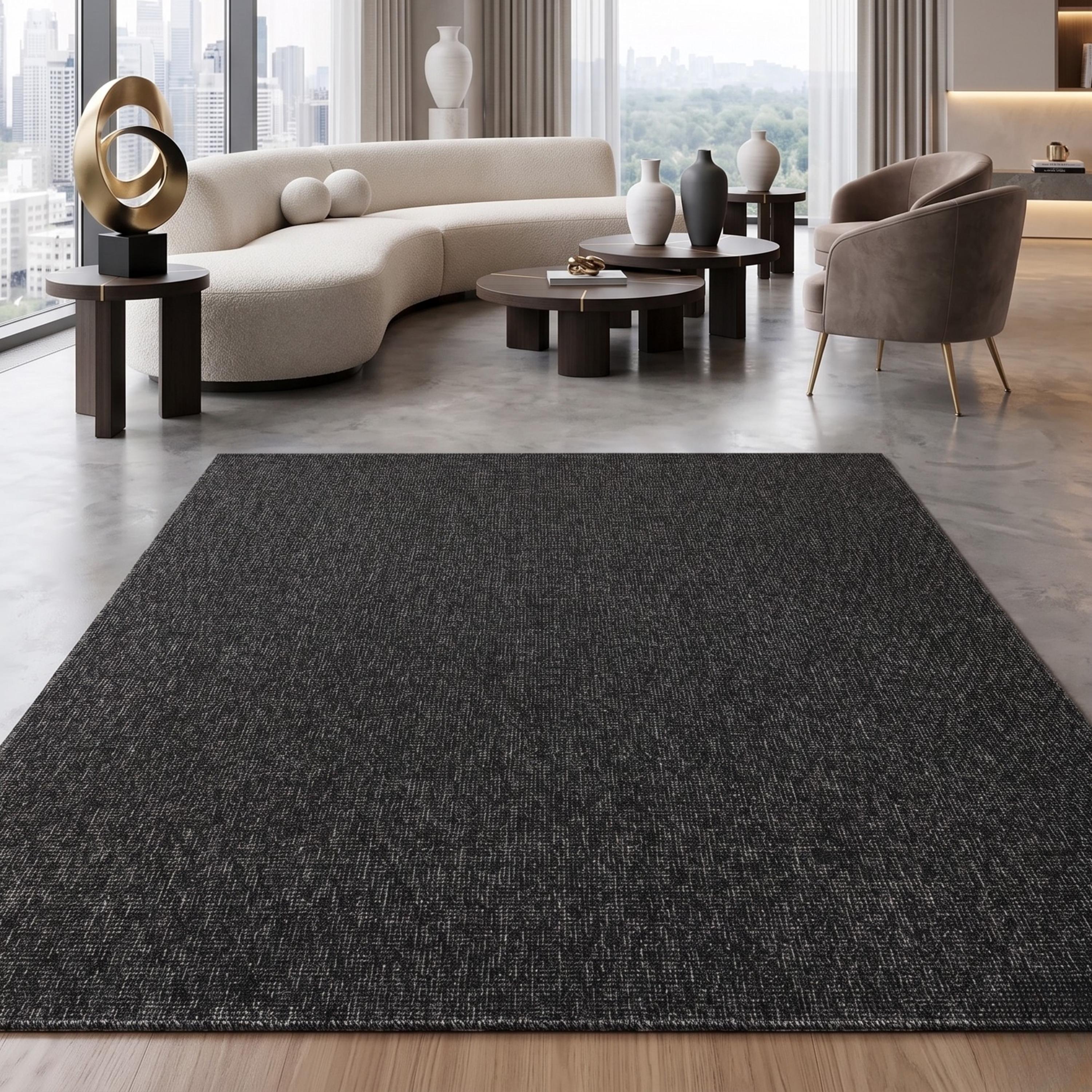 Dark Charcoal Textured Area Rug, Modern Minimalist Living Room Carpet