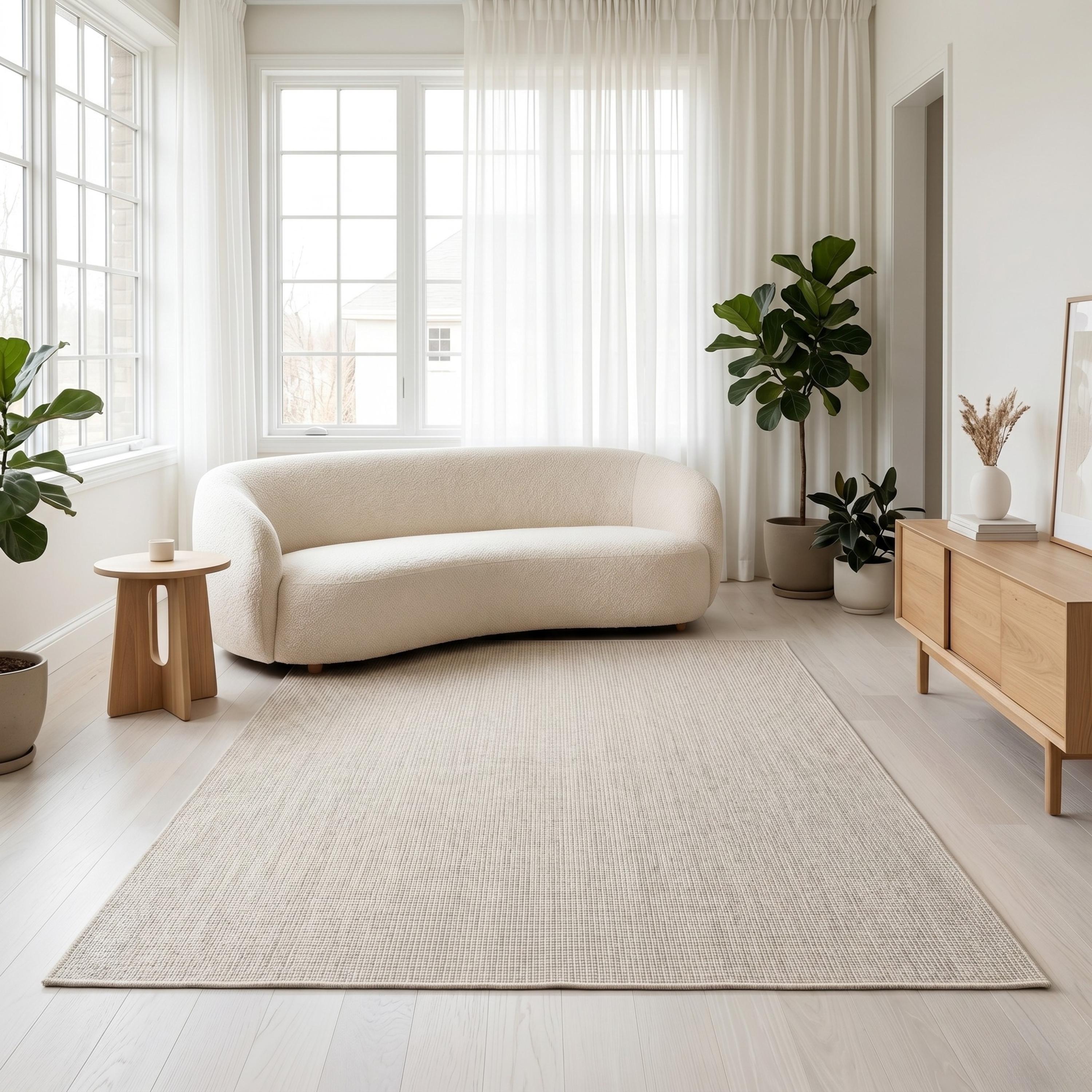 Ivory Beige Woven Area Rug, Minimalist Textured Scandinavian Carpet