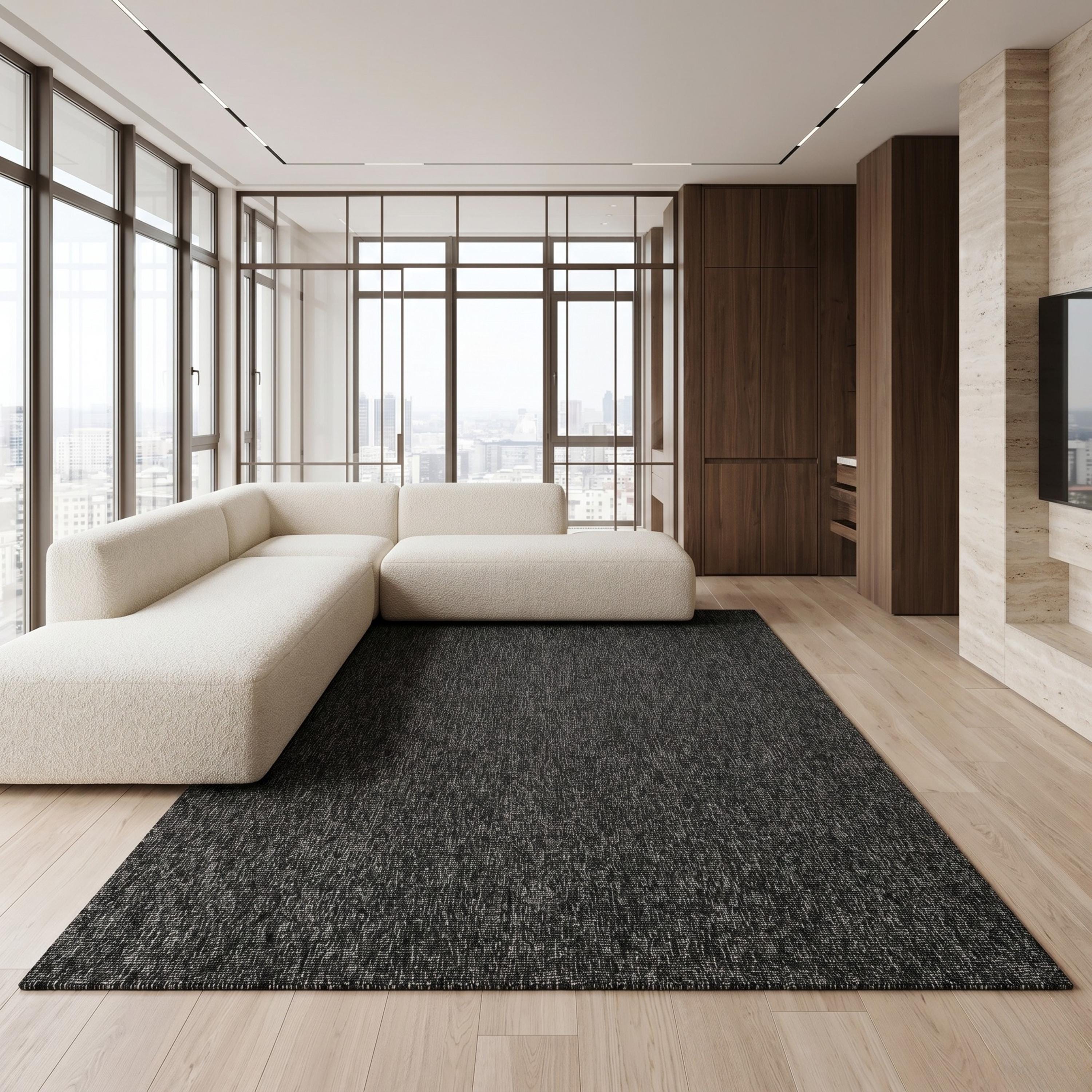 Woven Black Area Rug, Textured Charcoal Scandinavian Carpet, Modern Neutral Floor Runner
