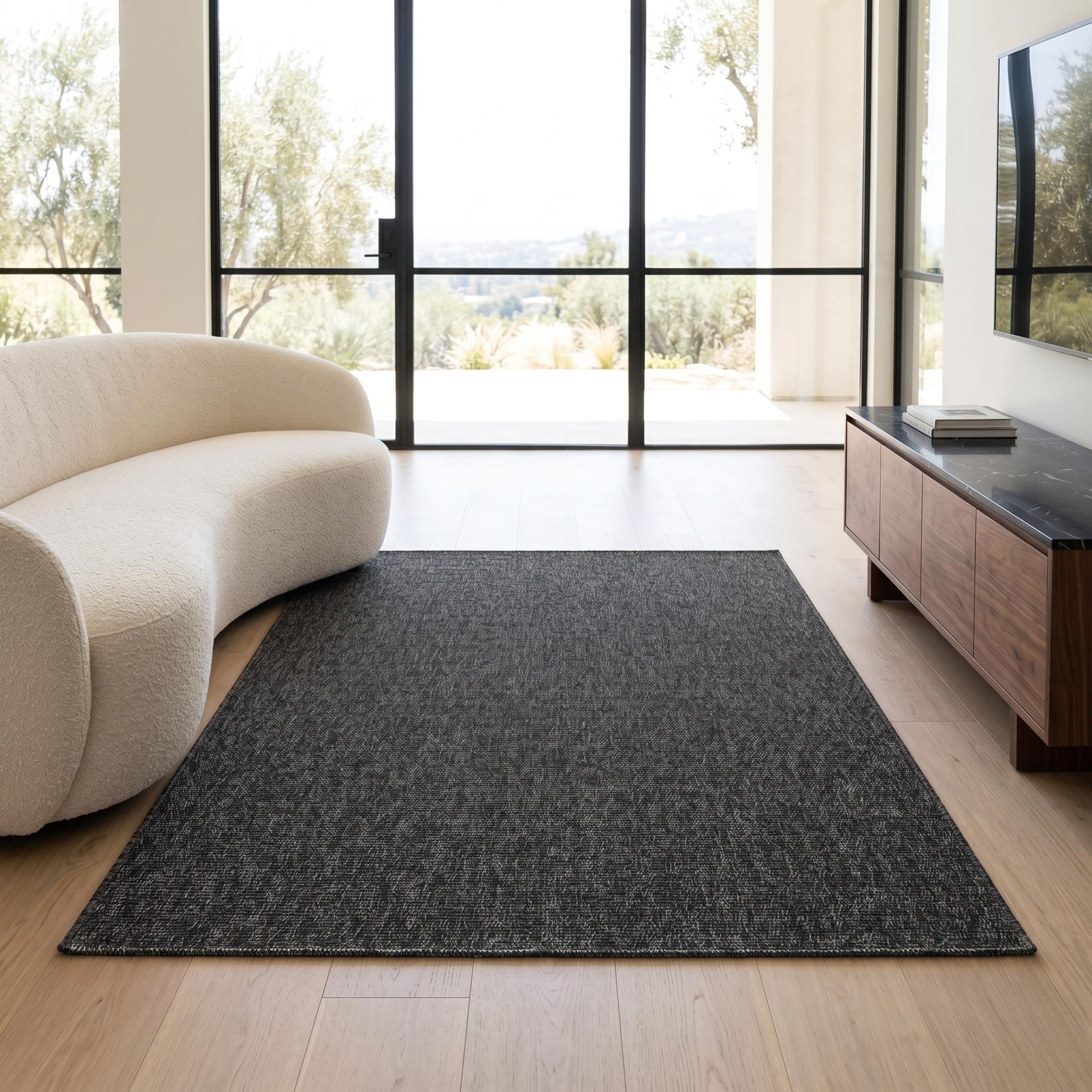 Dark Charcoal Woven Area Rug, Modern Textured Floor Carpet