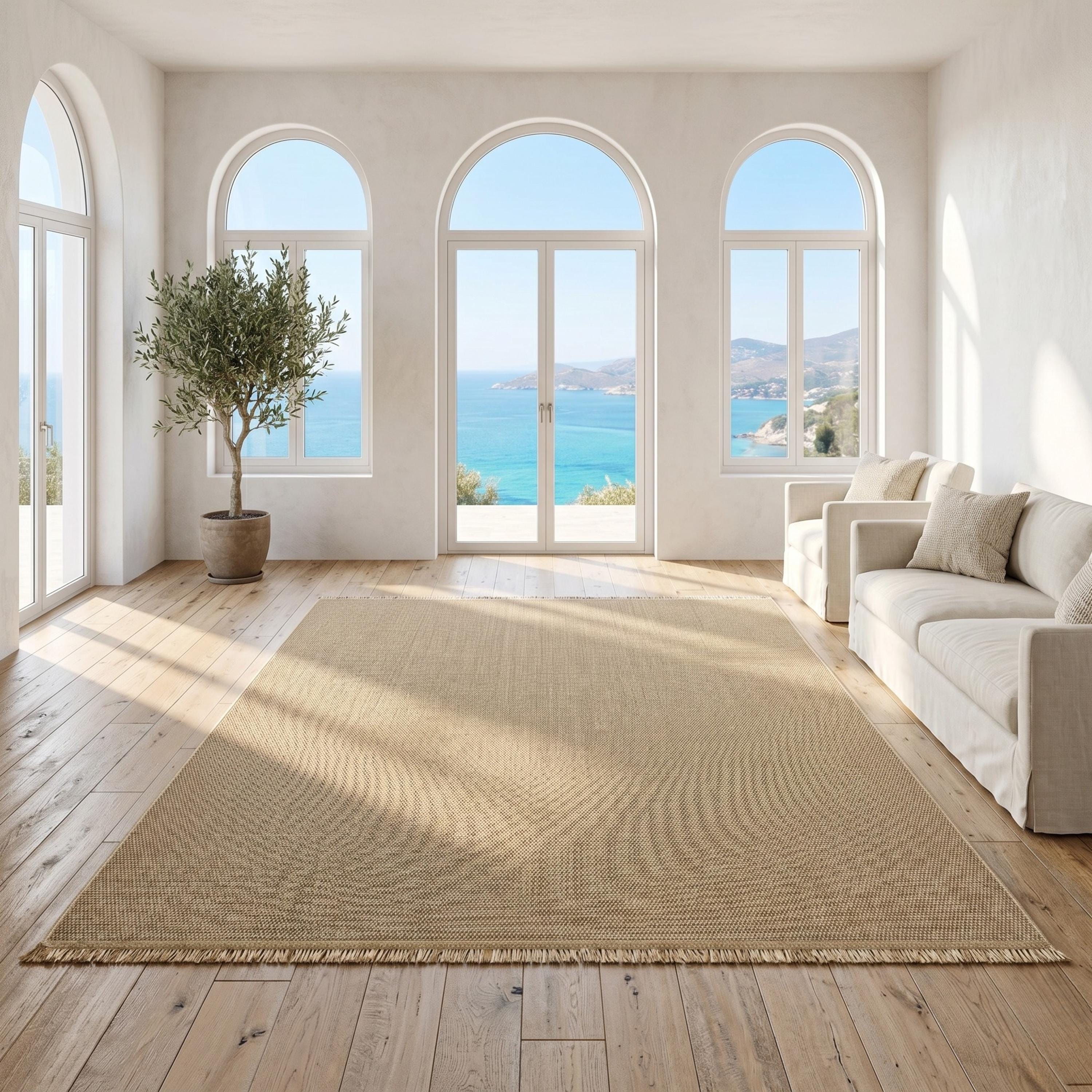 Natural Beige Woven Area Rug, Textured Boho Scandinavian Bedroom Carpet