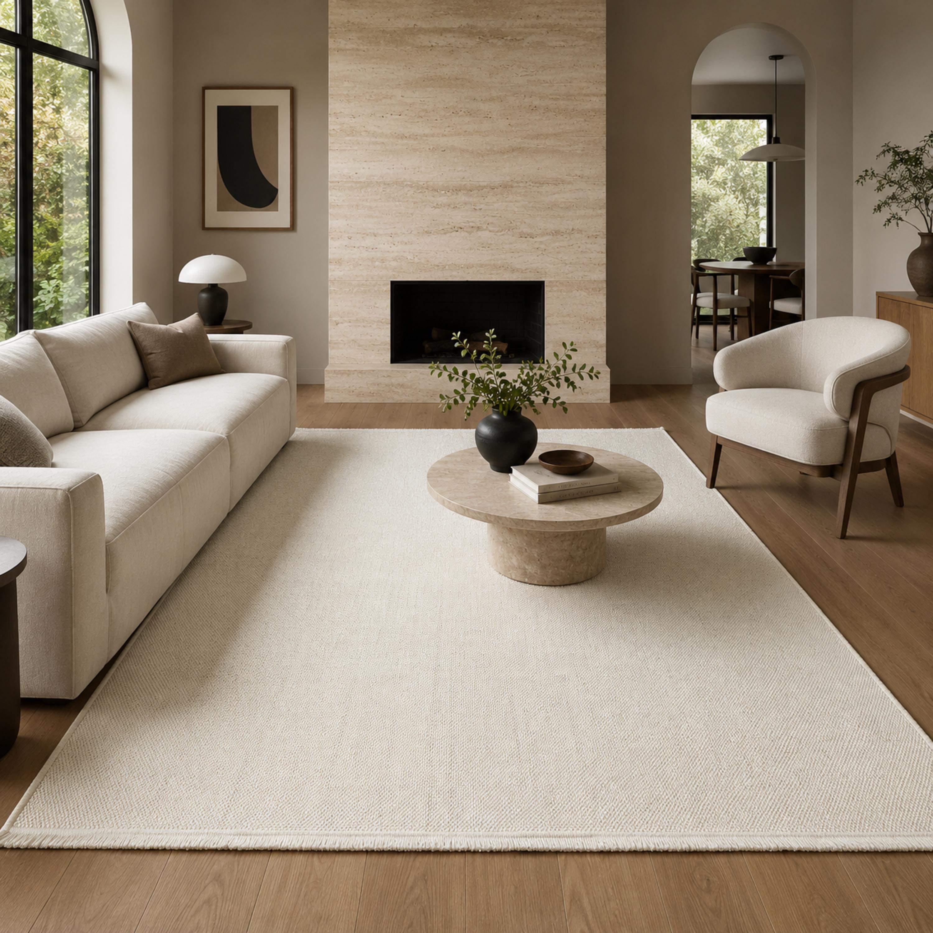 Ivory Woven Area Rug, Textured Minimalist Carpet, Scandinavian Flatweave Floor Rug
