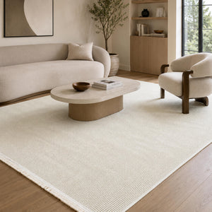 Ivory Woven Area Rug, Textured Minimalist Carpet, Scandinavian Flatweave Floor Rug