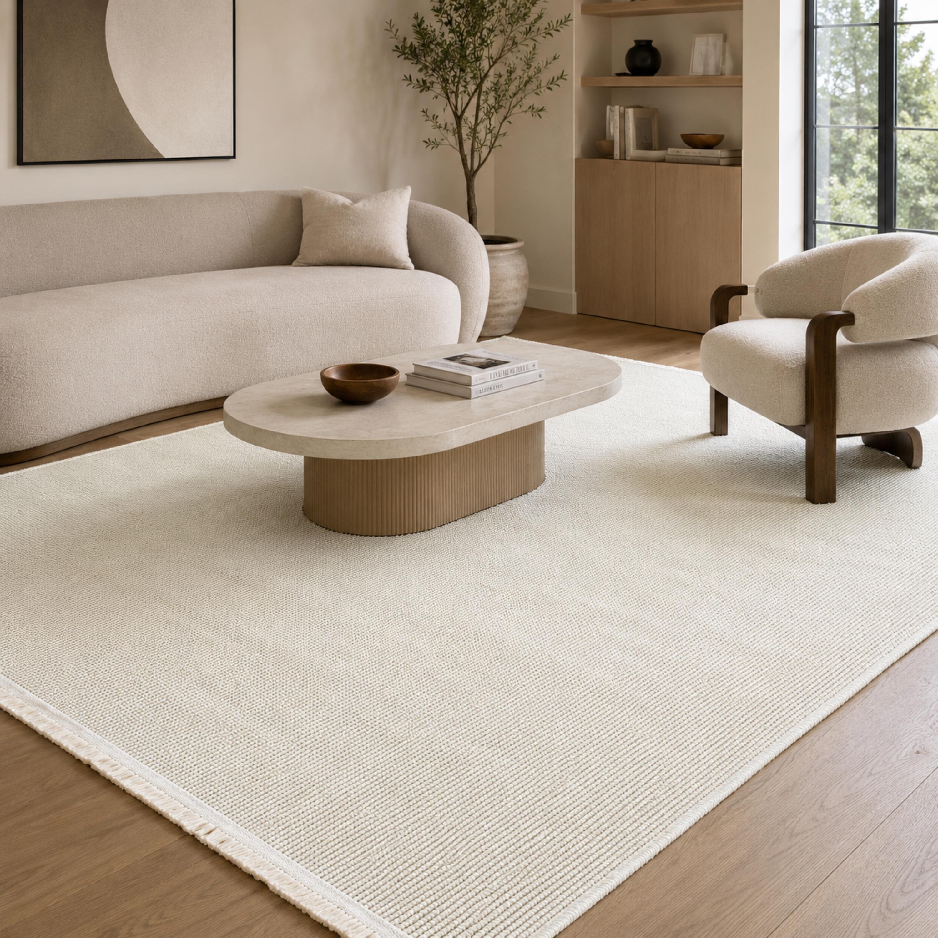 Ivory Woven Area Rug, Textured Minimalist Carpet, Scandinavian Flatweave Floor Rug