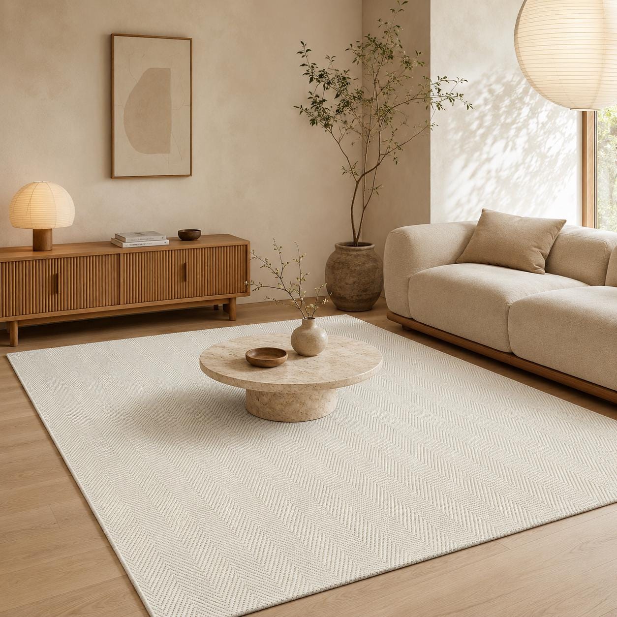 Cream Textured Woven Area Rug, Scandinavian Japandi Living Room Carpet